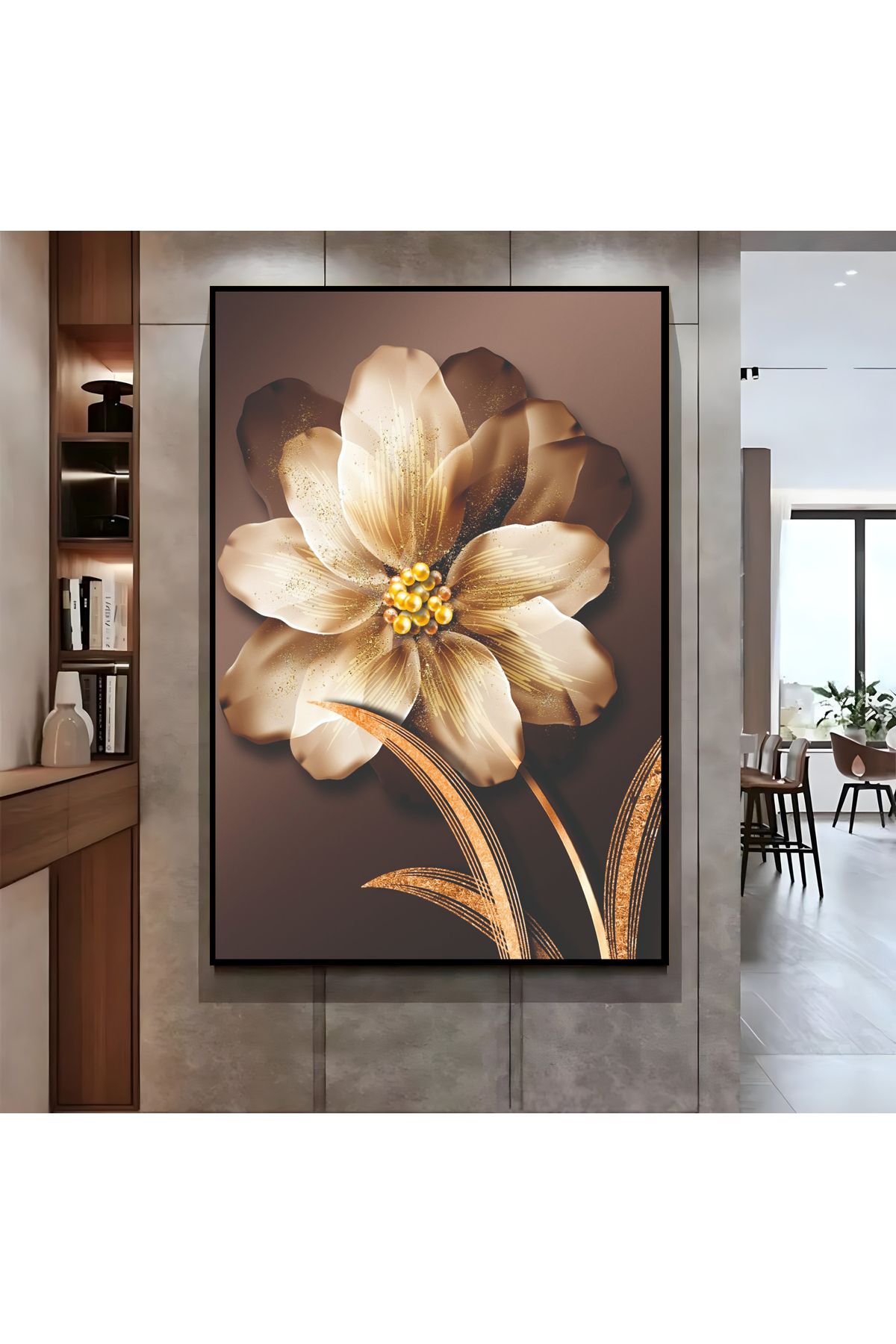 Harikabirev HARİKABİREV|KREM GOLD ÇİÇEK MODELİ ( CKD-095) |ÇERÇEVELİ KANVAS TABLO CKDİKEY