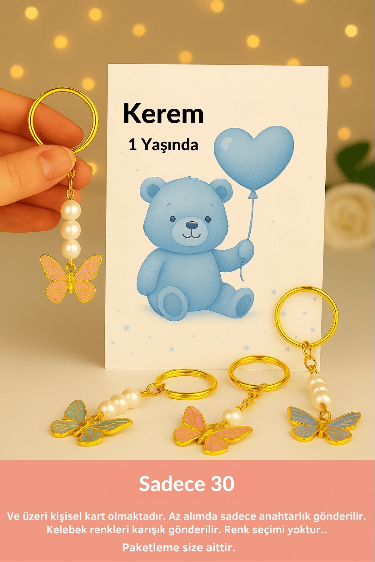 Emtory Home Mavi Ayıcık 10 Adet Renkli Kelebek Anahtarlık - Doğum Günü Hediye - Mevlid Hediye -sünnet Hediye