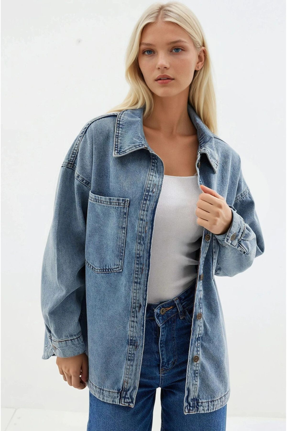 hazelin Kadın Mavi Çift Cepli Önden Düğmeli Jean Ceket HZL25S-BD106941