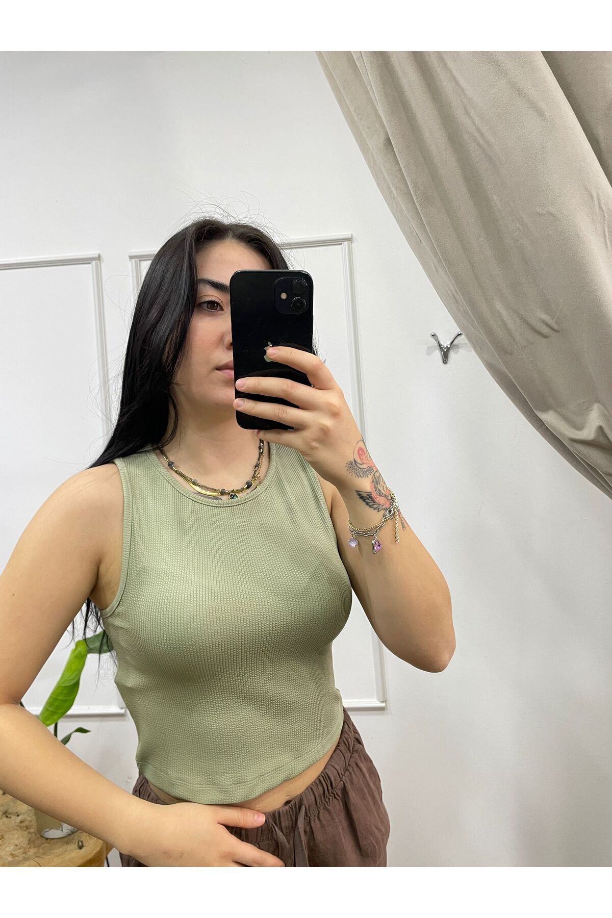 FASİON Kadın Yeşil Halter Yaka Fitilli Atlet