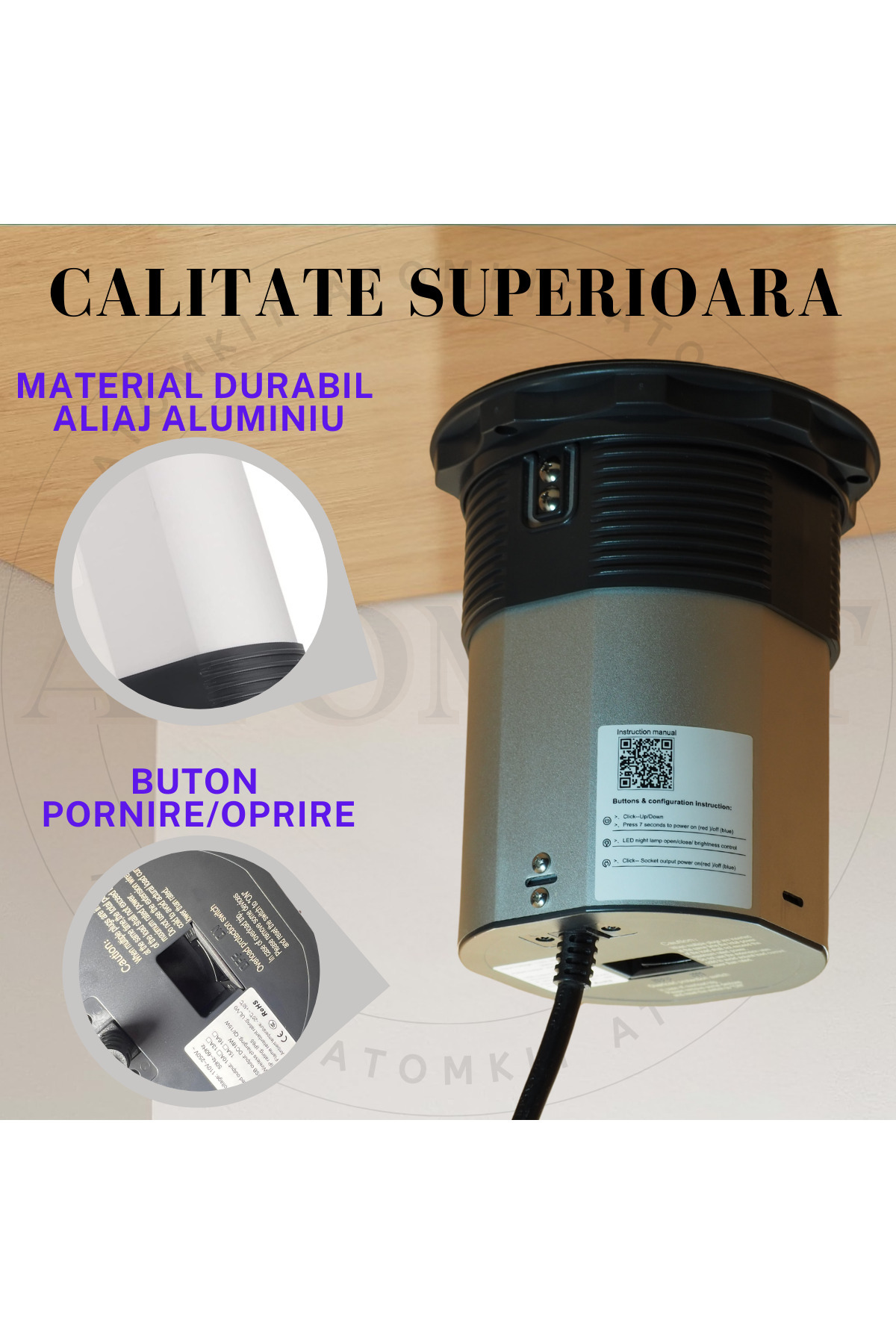 ATOMKIT-Priza Incorporabila Retractabila ATOMKIT® One, Incarcare Wireless 15W, 3 Prize, 2 Porturi USB, NEGRU 9