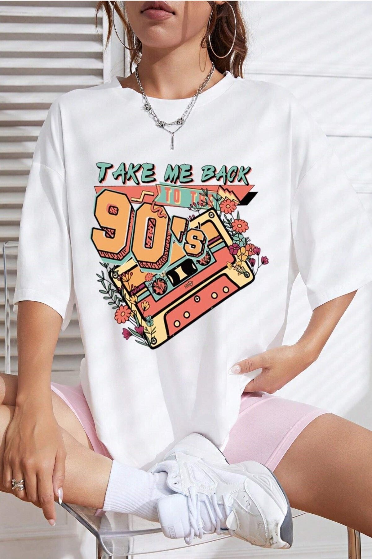 ModaSphere Unisex Siyah Bisiklet Yaka 90's Baskılı Oversize T-Shirt