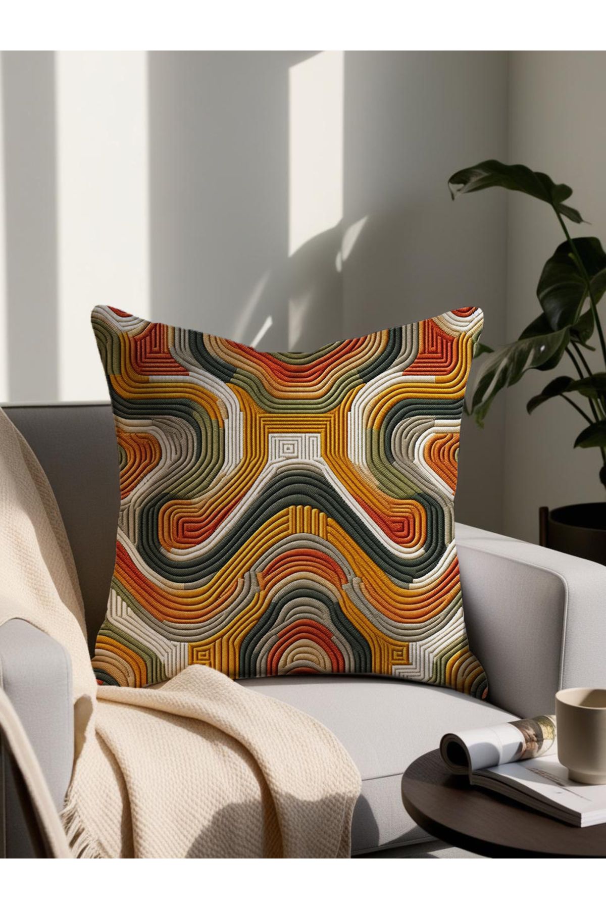 LadiesHome KOPYA - Punch Nakış Desenli Dijital Baskılı Dekoratif Yastık 4243– 43x43 Cm Mikro Petek Kumaş