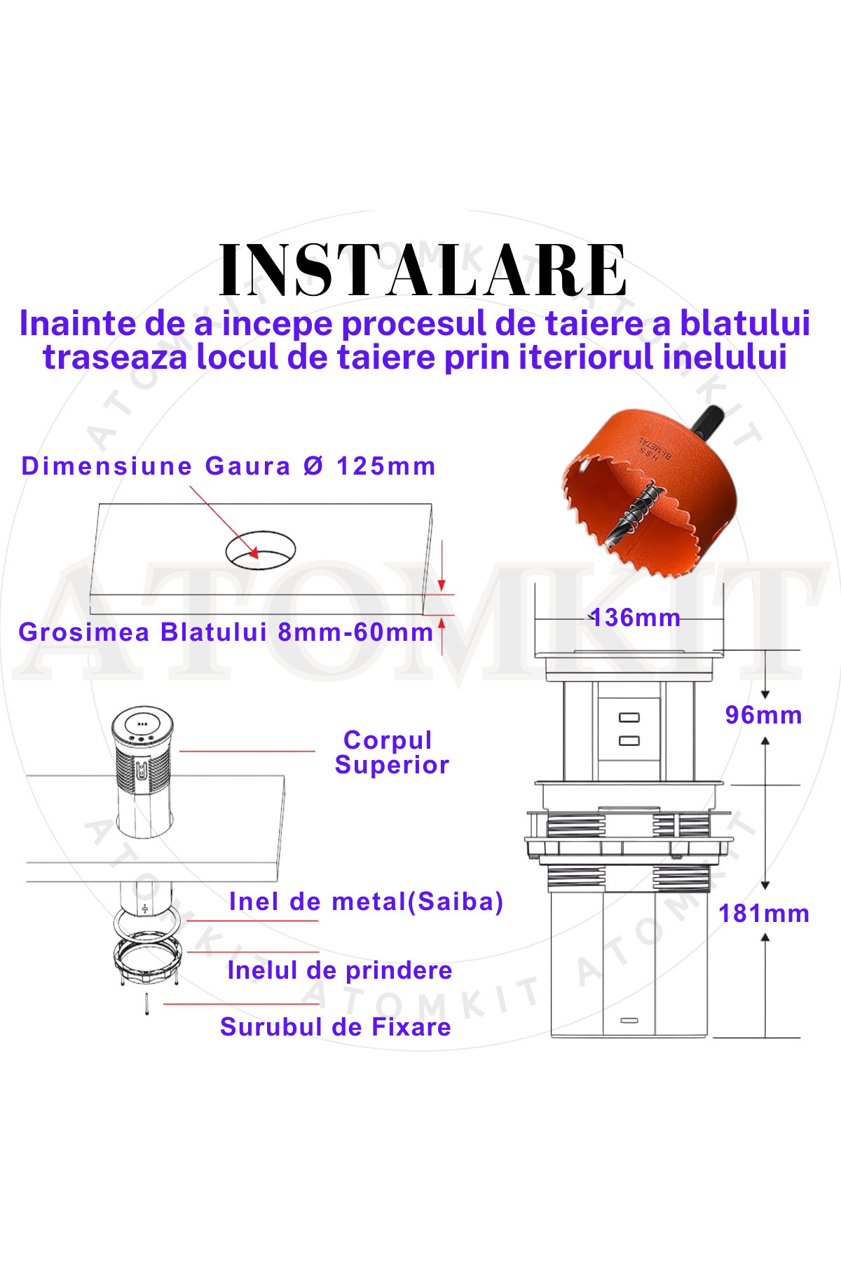 ATOMKIT-Priza Incorporabila Retractabila ATOMKIT® One, Incarcare Wireless 15W, 3 Prize, 2 Porturi USB, NEGRU 10