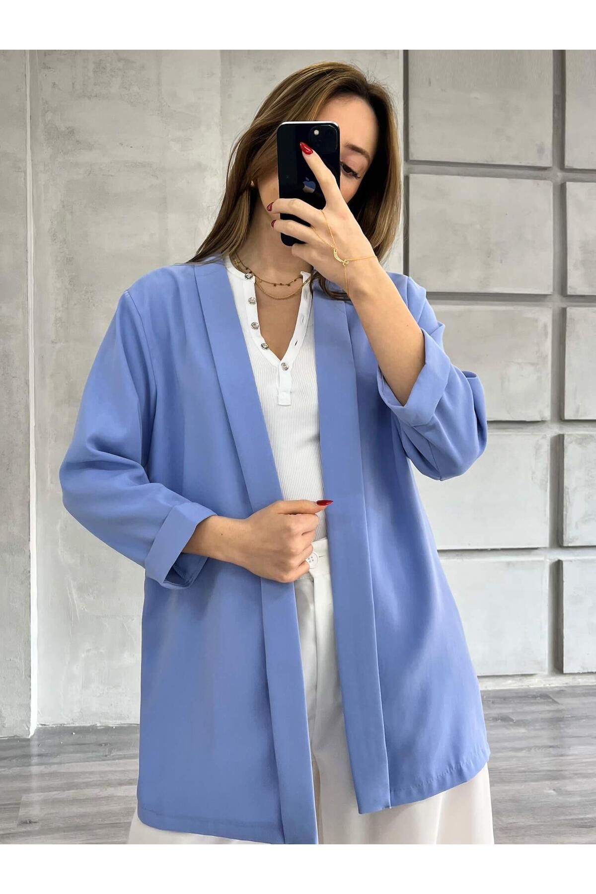 Coral Şal Yaka Midi Kol Ceket Bebe Mavi