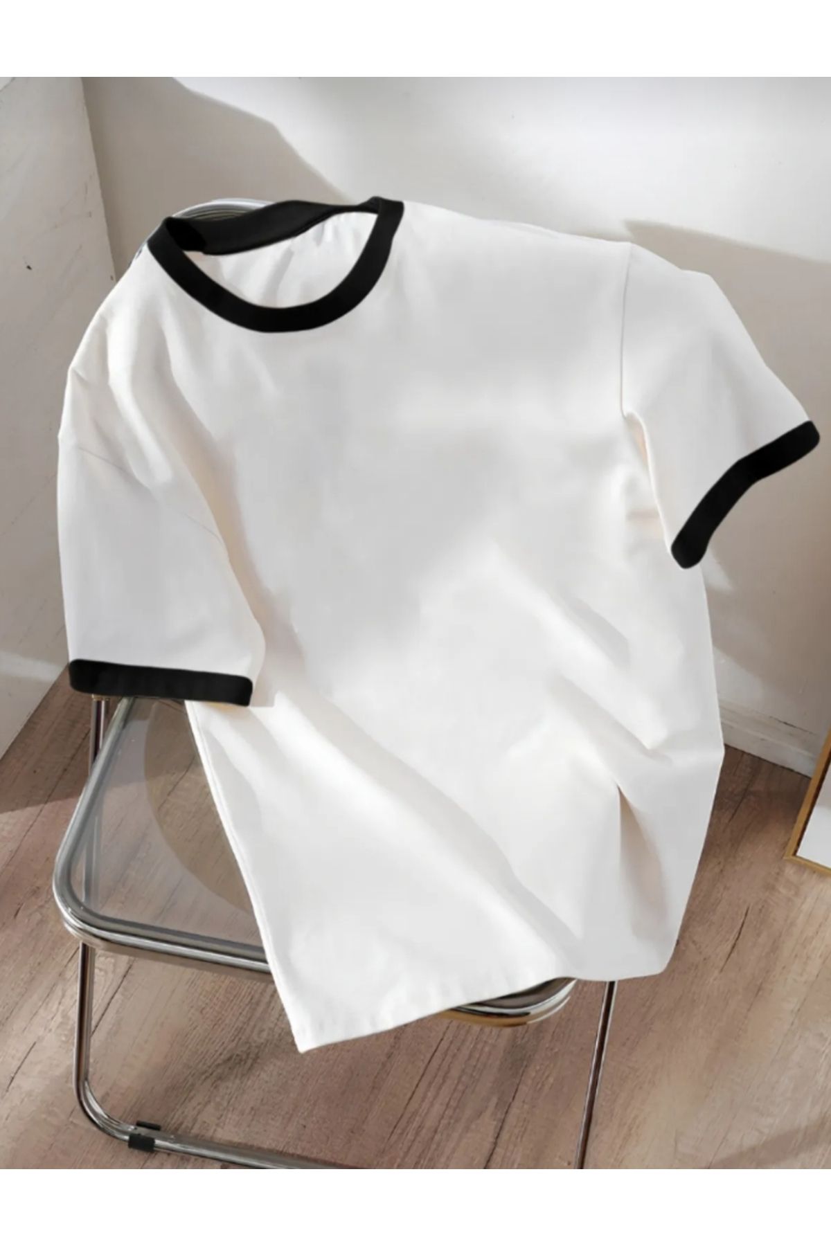 Man Unisex Erkek/Kadın Beyaz Siyah Yaka Düz Baskılı Oversize Pamuklu T-shirt