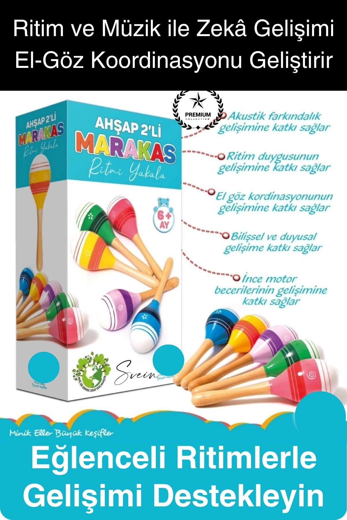 Svein Ahşap 2'li Marakas Seti Ritmi Yakala Müzik Aleti Çocuk Bebek Sesli Çın Çın Davul Çıngırak Vurmalı