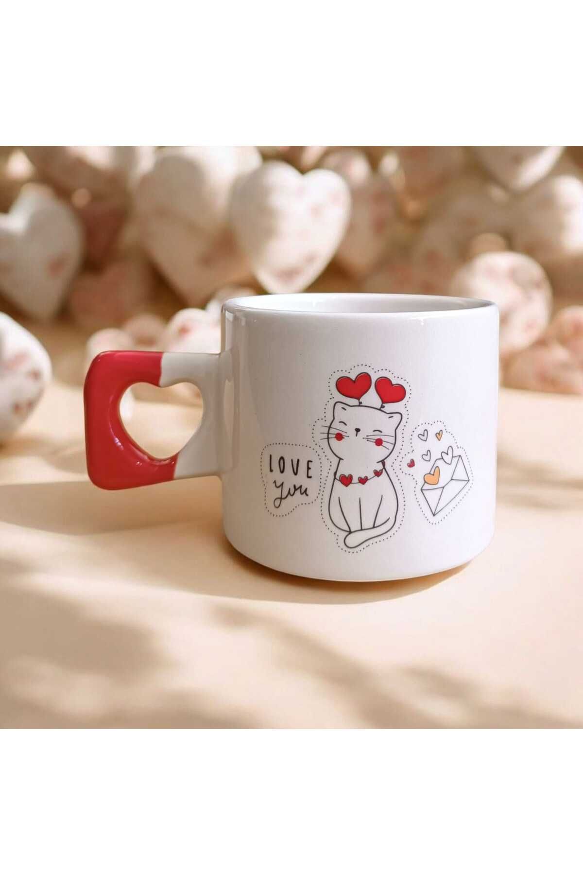Simge Seramik LoveYou Kalpli Kedi Çift Taraf Baskılı Kalp Kulplu El Yapımı Seramik Mug Kupa Çay Cappuccino Fincanı