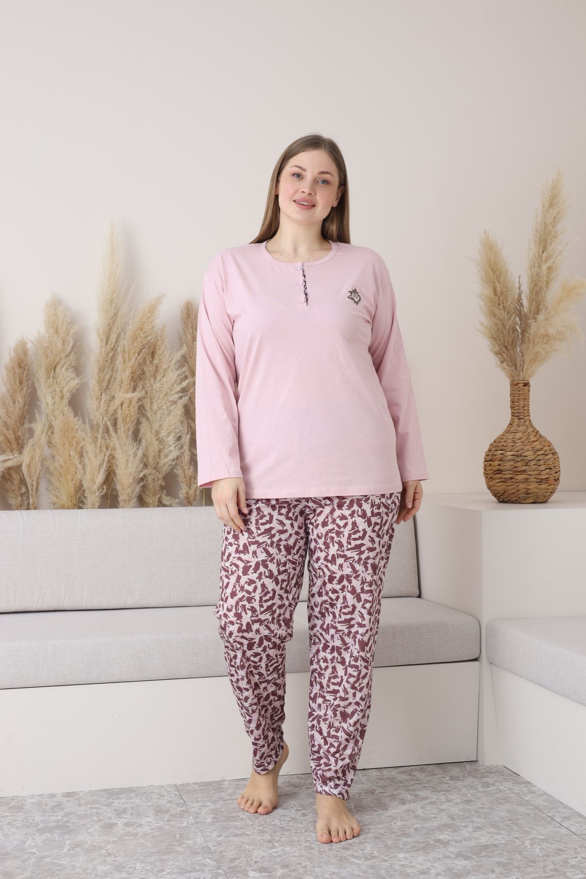 BSM Kadın Yüksek Kalite Battal Uzun Kol Rahat Pamuklu Desenli Pijama Takımı