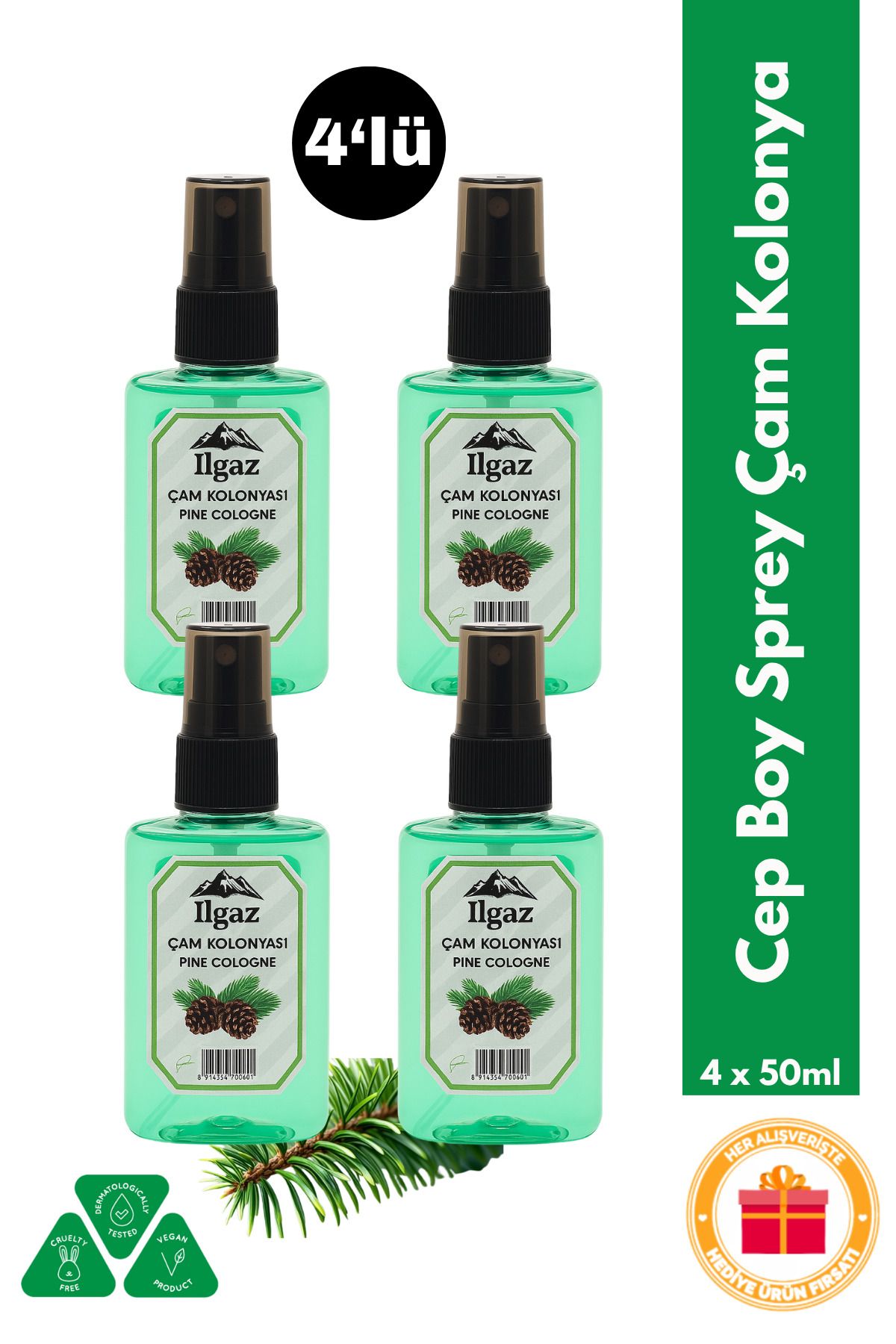 ILGAZ Çam Kolonyası 4'lü Sprey Set | Günlük Ferahlatıcı Kolonya - 4x50 ml