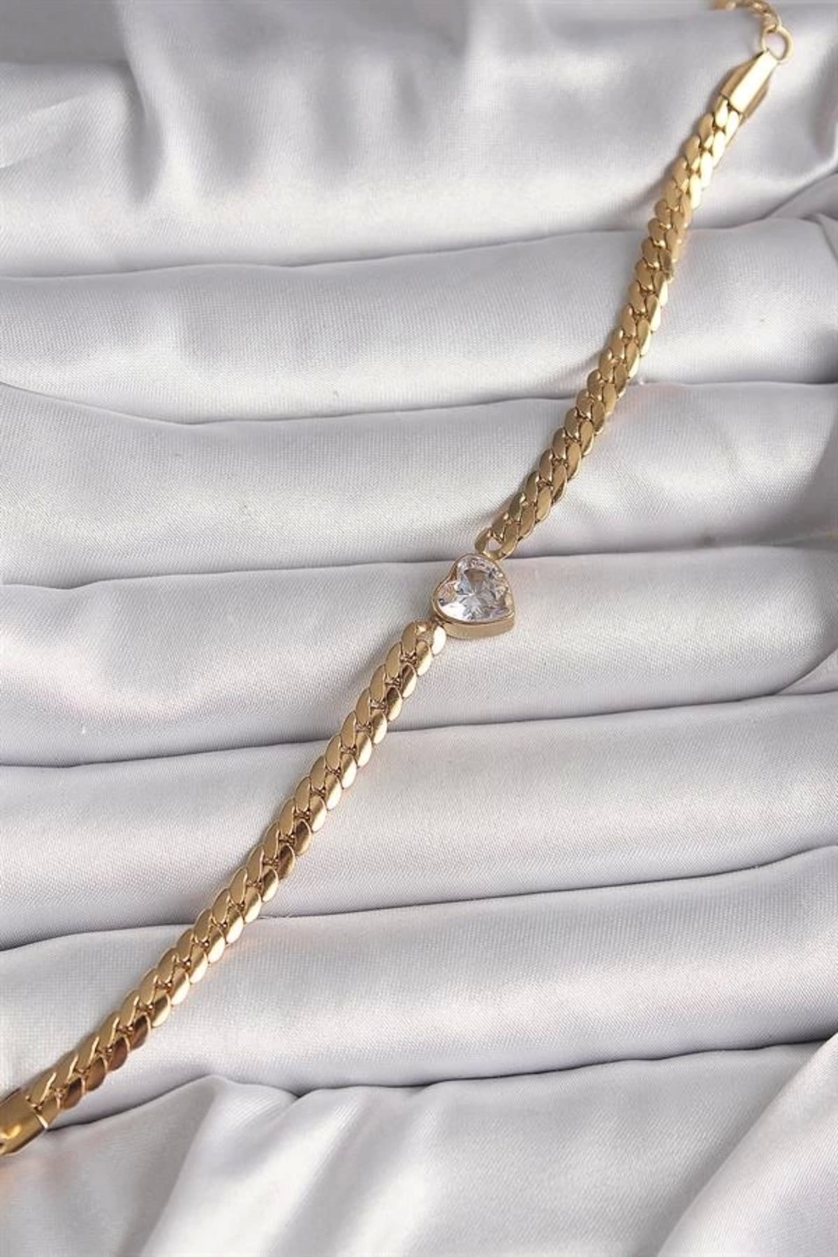 Foyara 316L Çelik Gold Renk Yassı Zincir Model Zirkon Taşlı Kalp Figür Kadın Bileklik