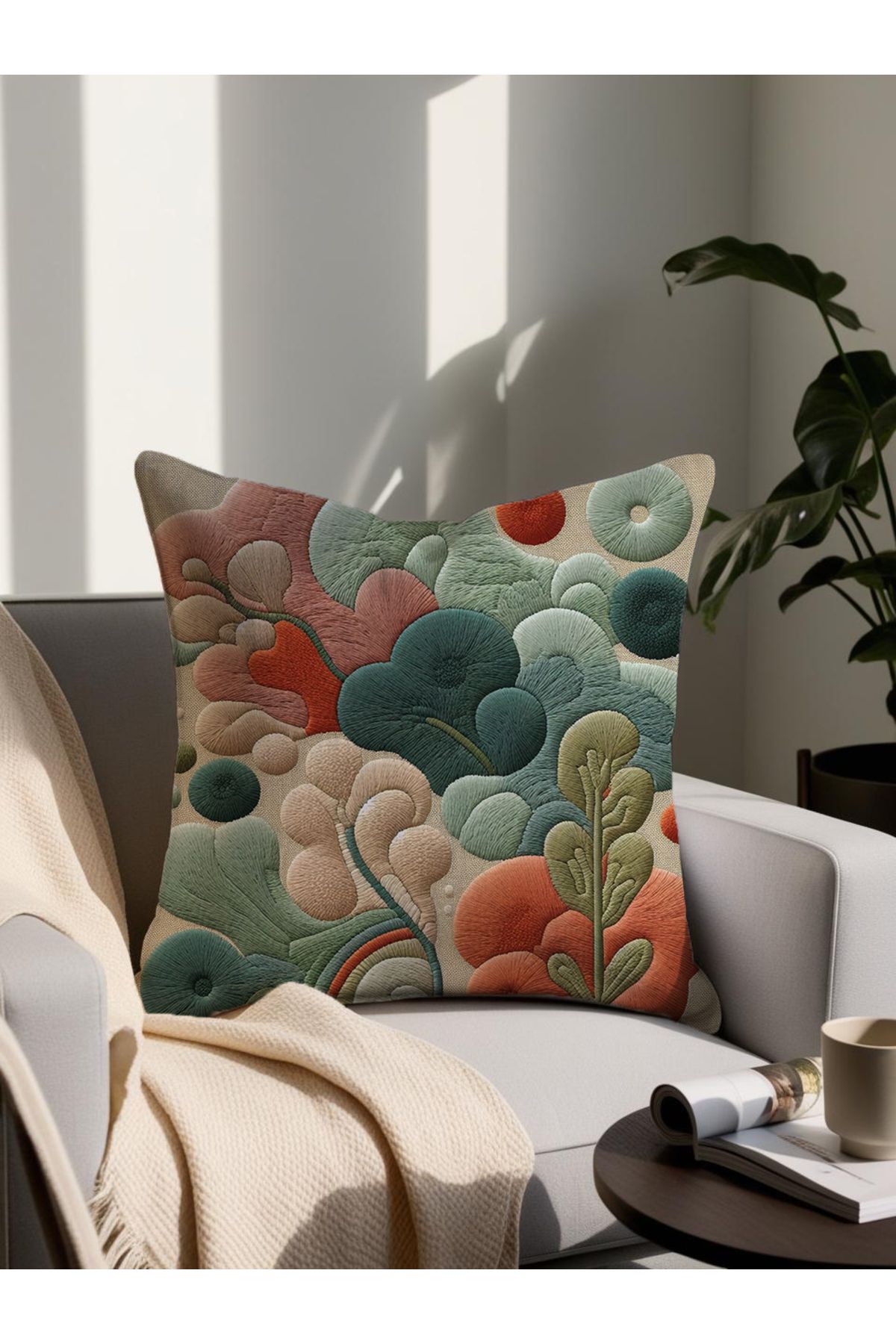 LadiesHome Punch Nakış Desenli Dijital Baskılı Dekoratif Yastık 4243– 43x43 Cm Mikro Petek Kumaş