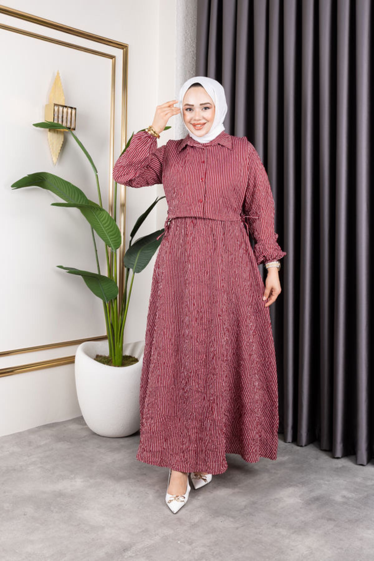 HİRA LİFE FASHİON Kadın Bordo Tesettür Giyim Gömlek Detaylı Çizgili Viskon Kıraş Elbise İkili Takım