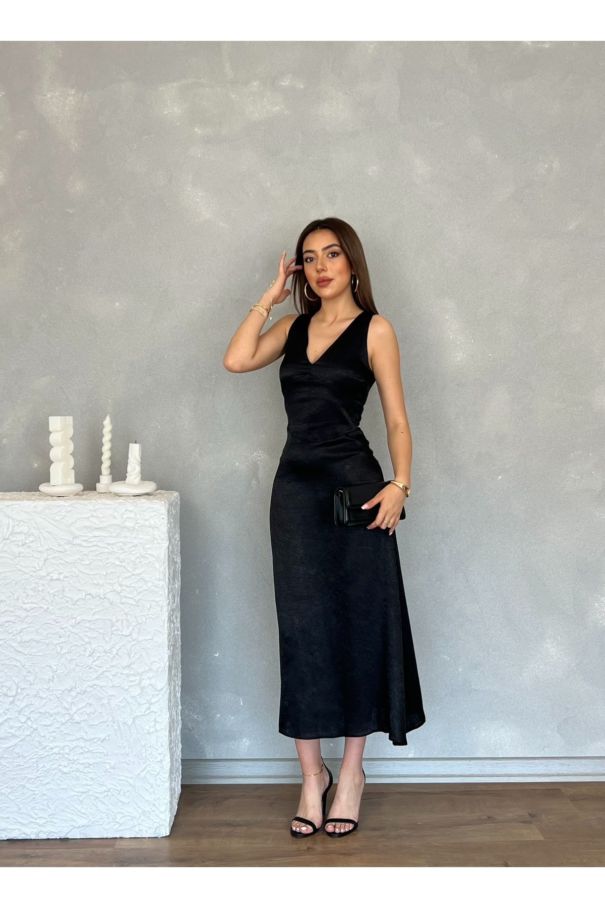 Nesil Kıraçlı Saten Midi Özel Gün Mezuniyet Nişan Abiye Kadın Elbise
