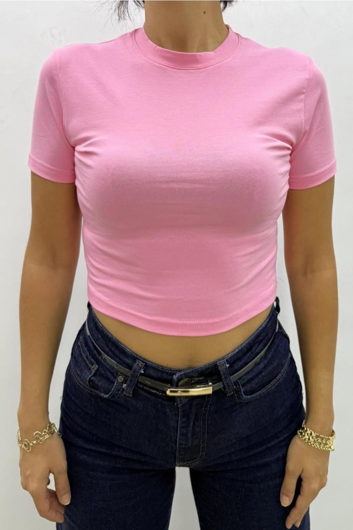 Flame İstanbul Butik Likralı Pembe Crop Tshirt - MGN4783