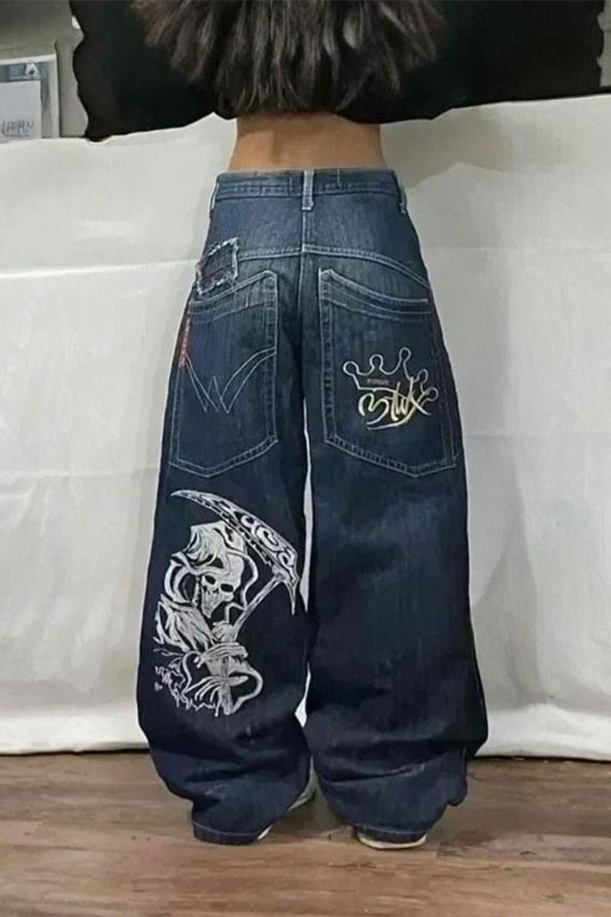 Karakedi Mavi Skater Skull Arka Cep Yamalı Baggy Pantolon