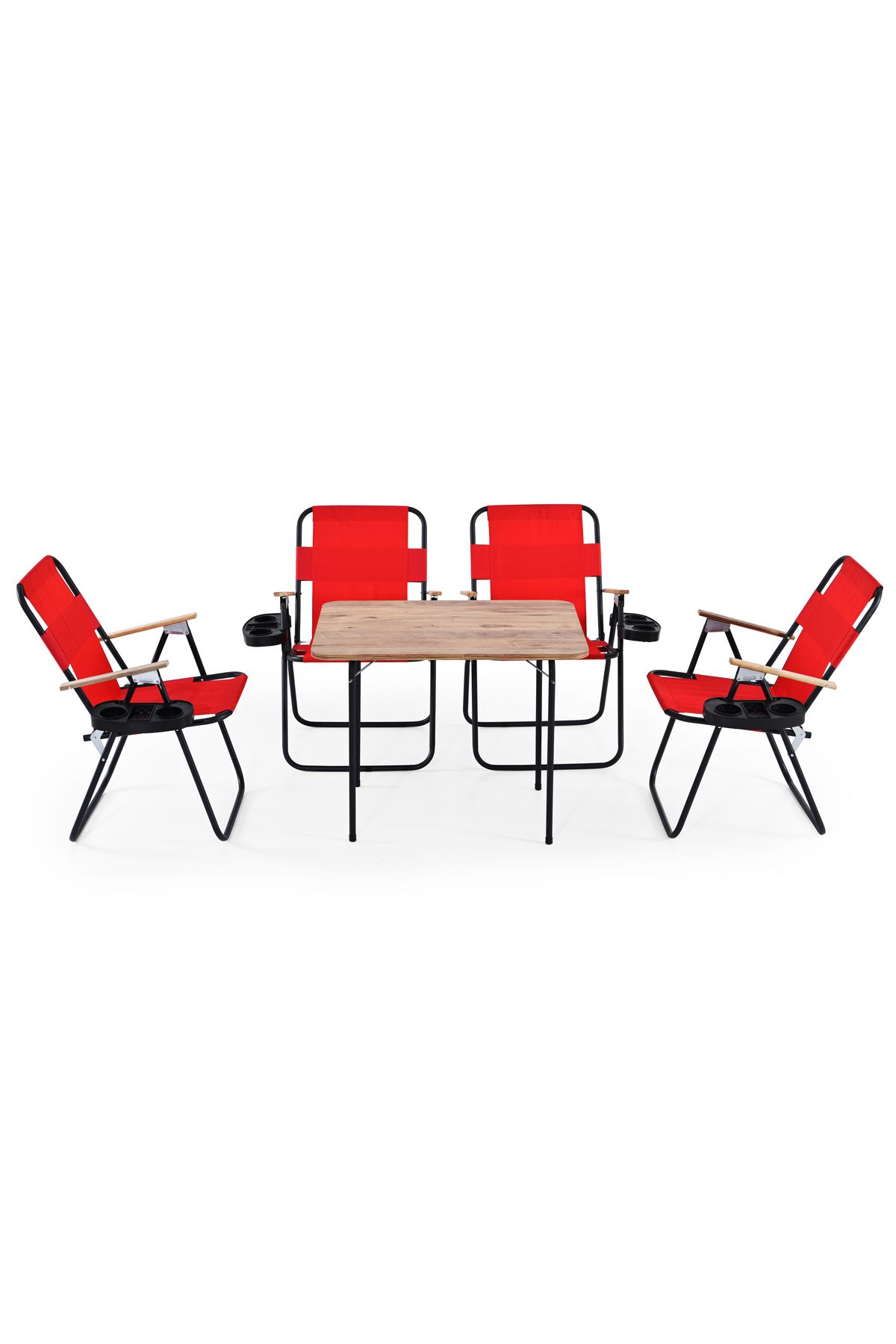 Remaks 4 adet Katlanır Kollu Bardaklıklı 4lü Kamp Sandalyesi Kırmızı Ve 60x80 Meşe Katlanır Masa