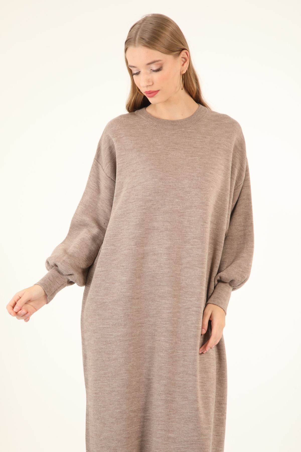 Suede Style 40461 Triko Rahat Salaş Şık Balon Kol Boydan Kadın Elbisesi