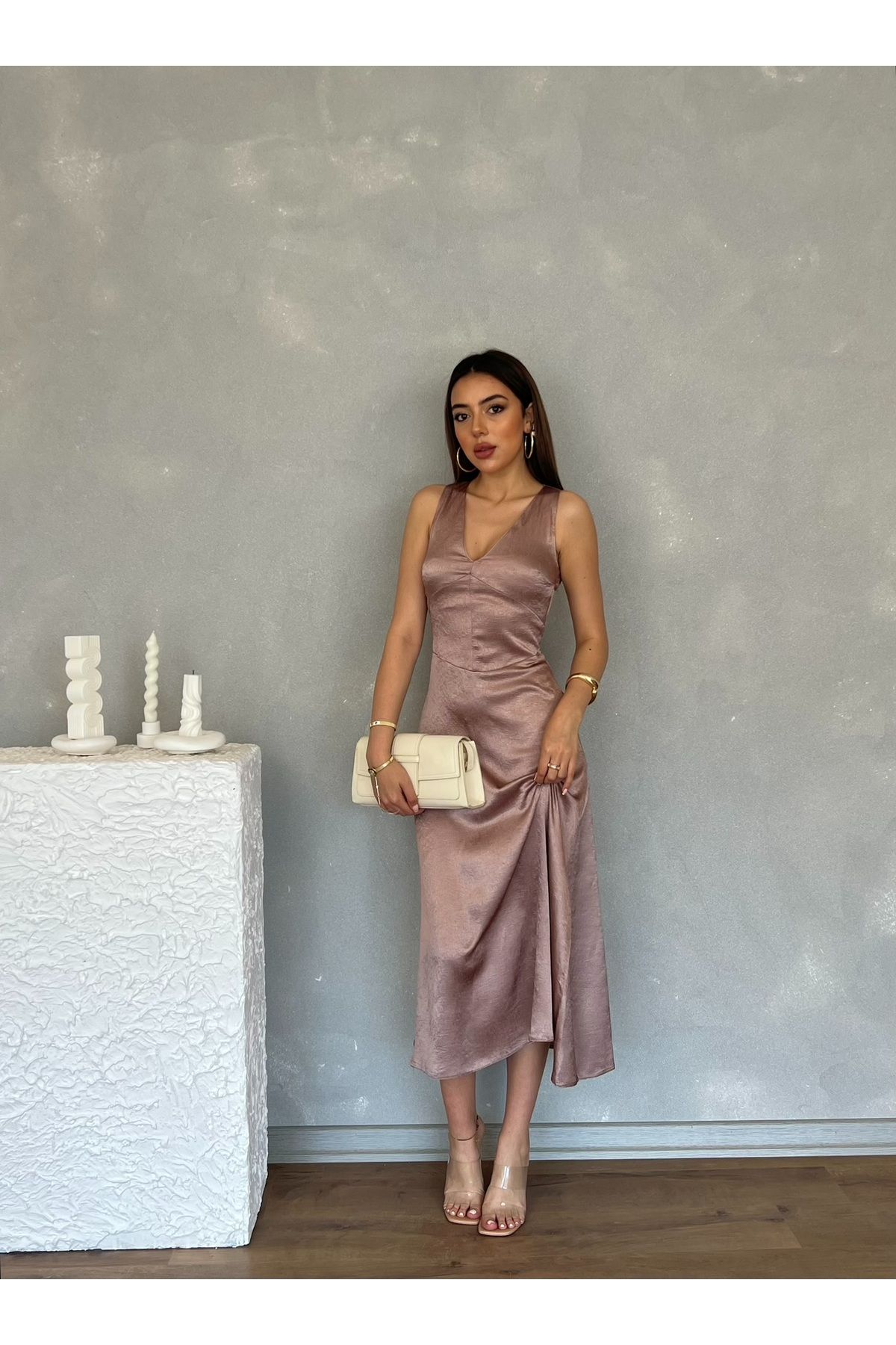 Nesil Kıraçlı Saten Midi Özel Gün Mezuniyet Nişan Abiye Kadın Elbise