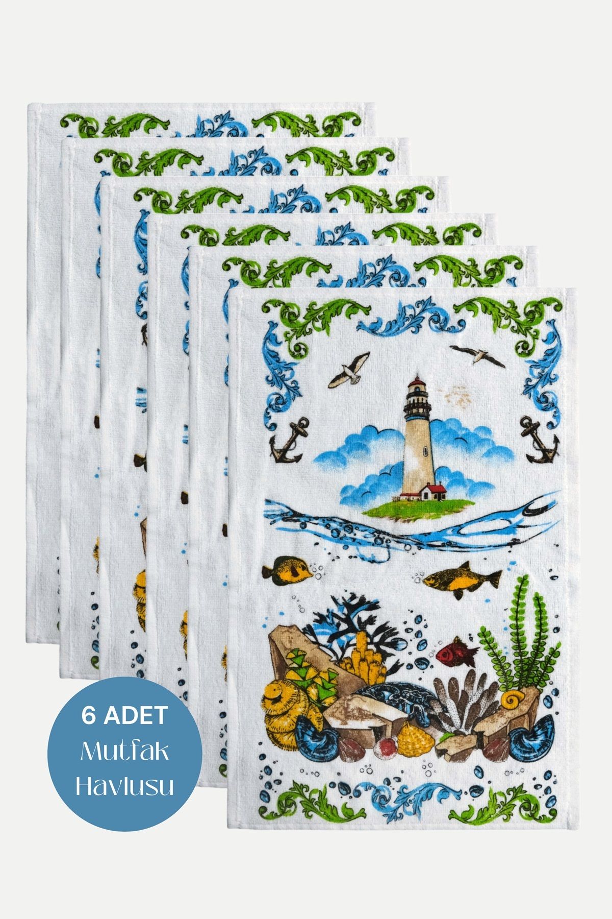 sevilya 6lı Paket Baskılı Beyaz Mutfak Havlusu Modeli
