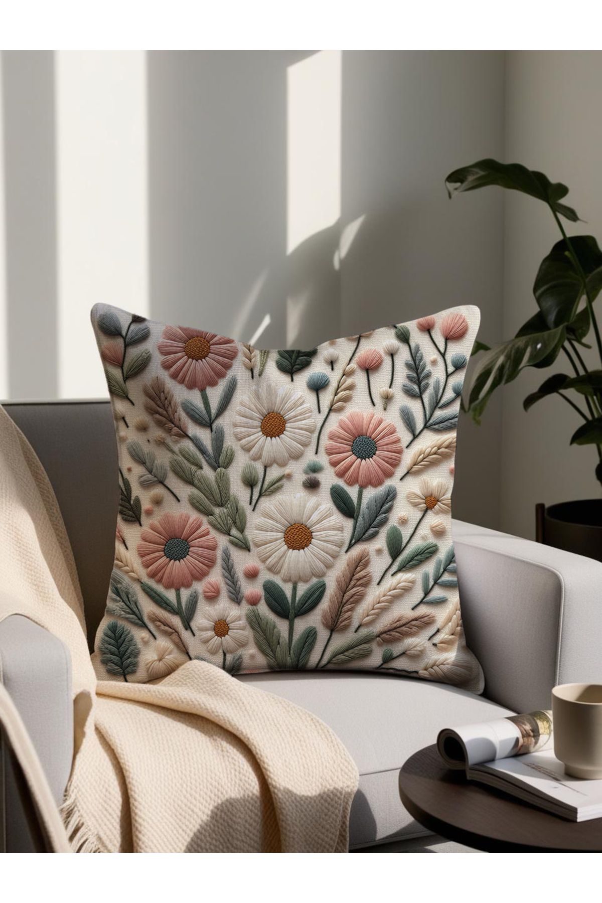 LadiesHome Punch Nakış Desenli Dijital Baskılı Dekoratif Yastık 4279– 43x43 Cm Mikro Petek Kumaş