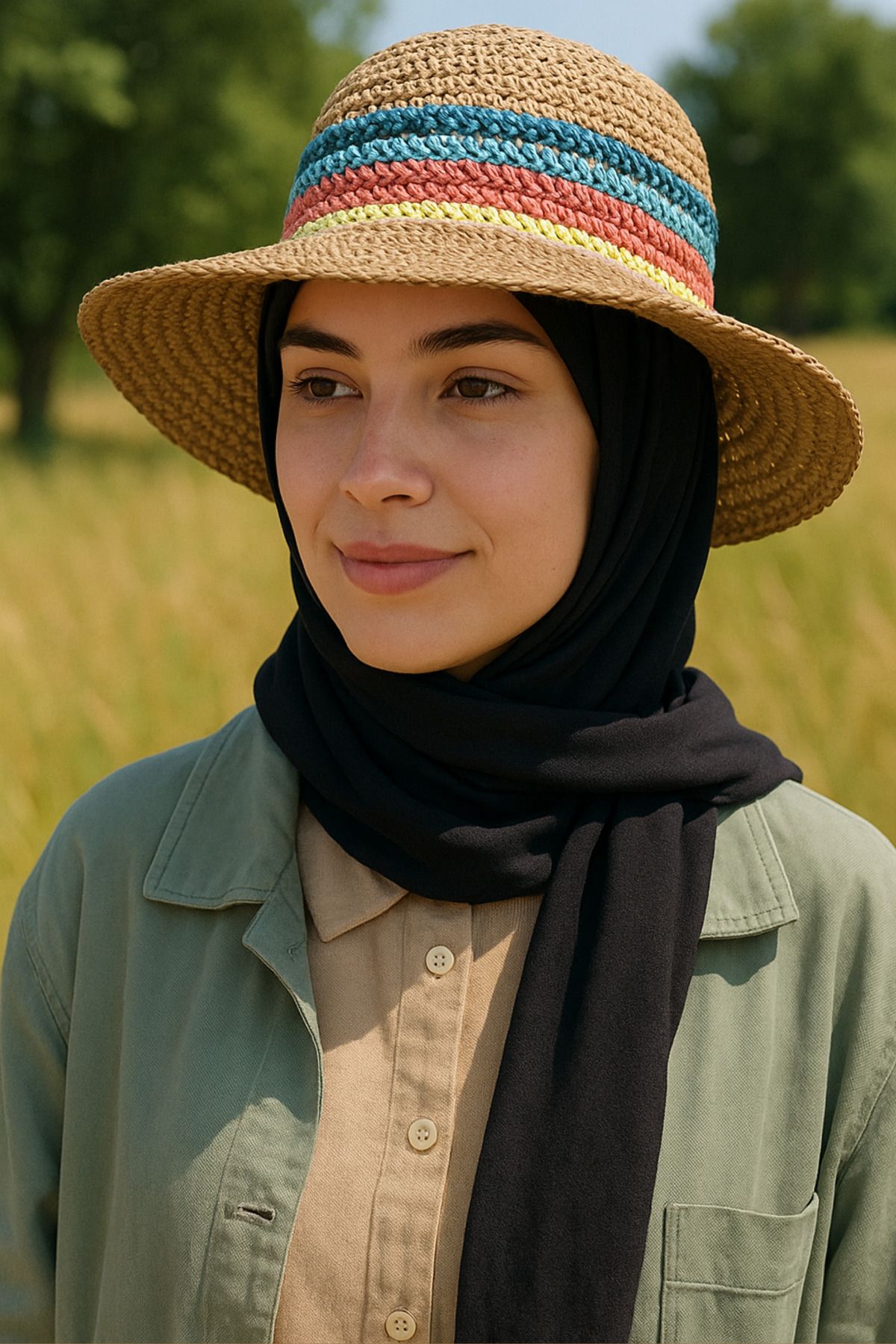 Mavelle Kadın Camel Renk Şeritli Yazlık Hasır Şapka