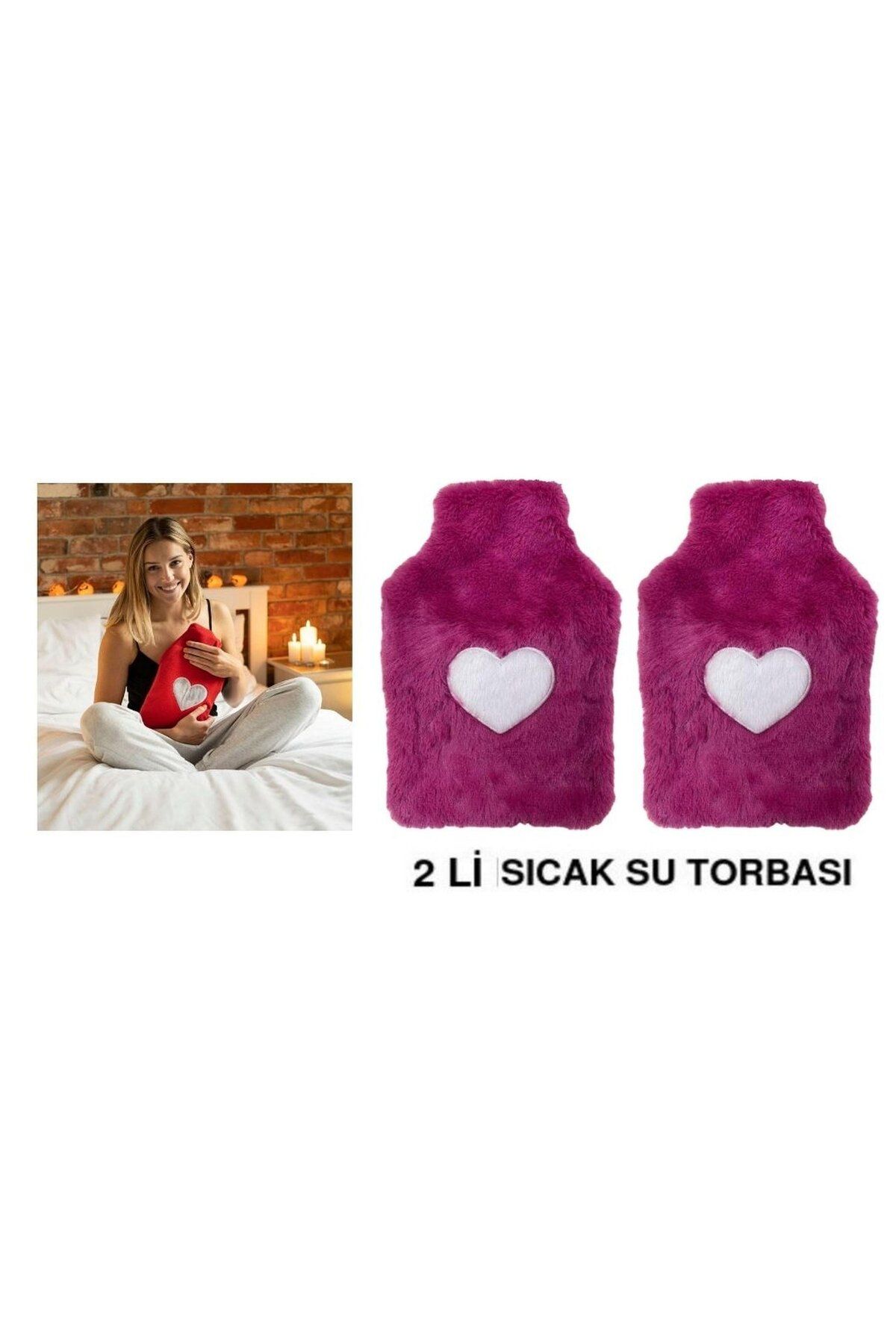 Bosphorus SICAK SU TORBASI 2 ADET,PELUŞ KALPLİ,PEMBE TERMOFOR 29x17CM 750ml