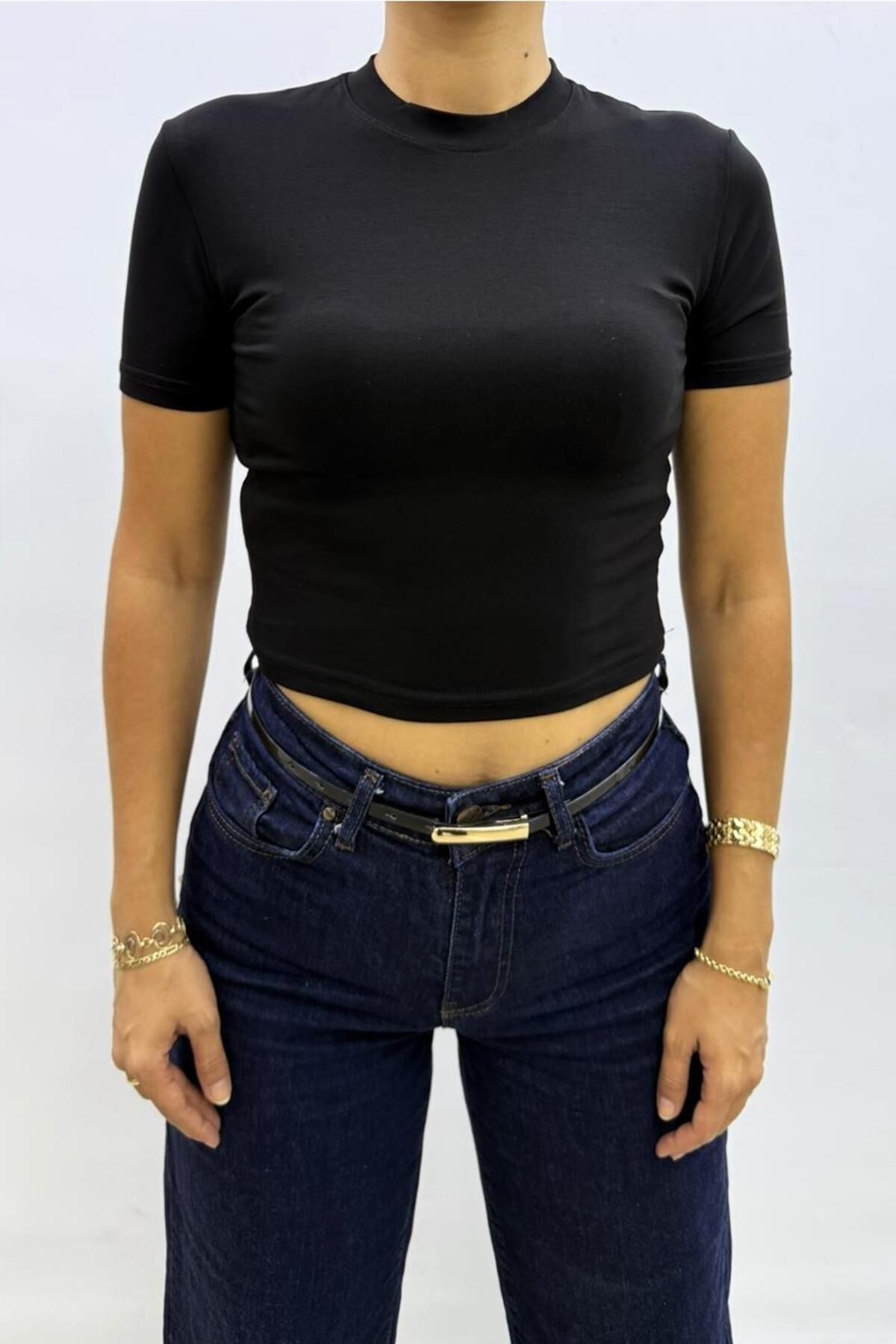 Flame İstanbul Butik Likralı Siyah Crop Tshirt - MGN4783