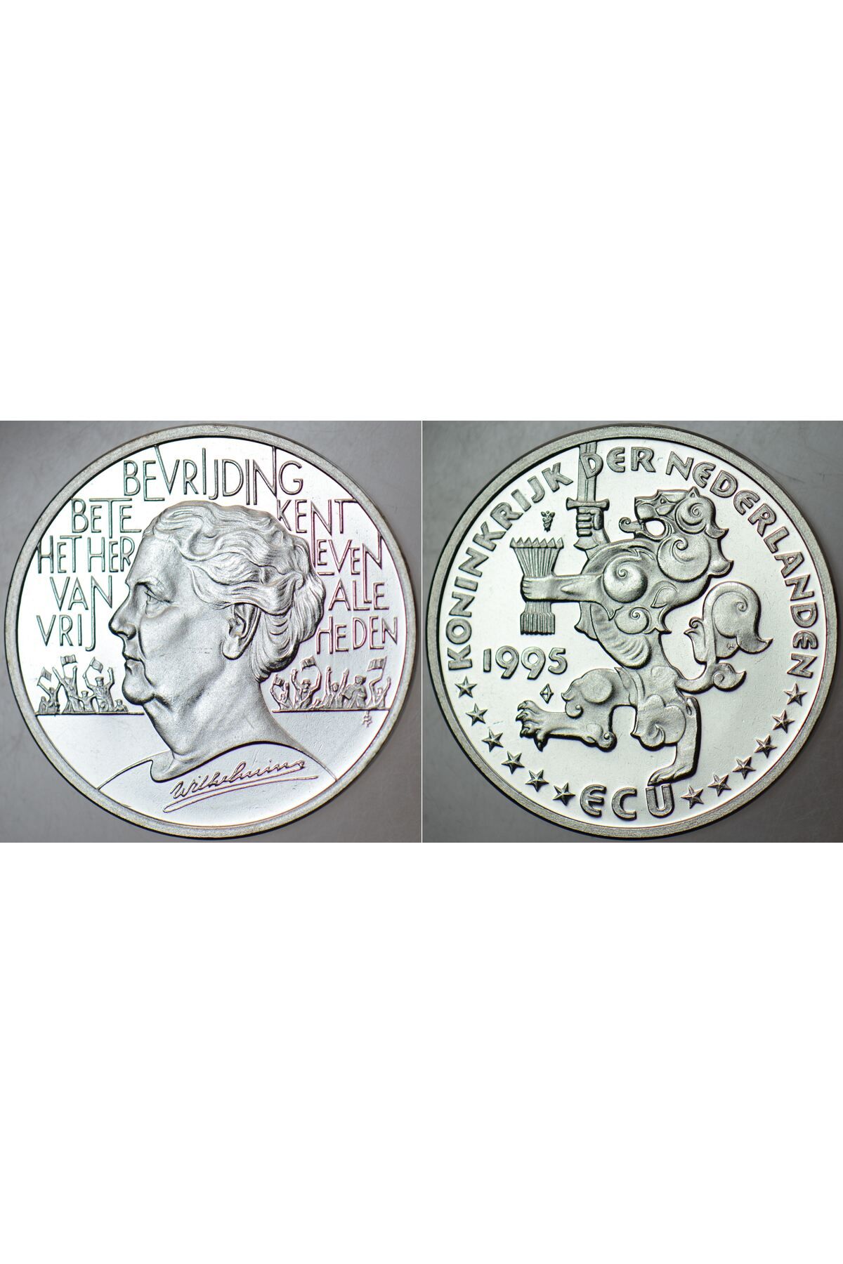 Banknoting HOLLANDA 1 ECU 1995 II. DÜNYA SAVAŞI KURTULUŞ'UN 50 YILI-PULLU İLK GÜN ZARFINDA BİLGİ KARTIYLA. ÇİL