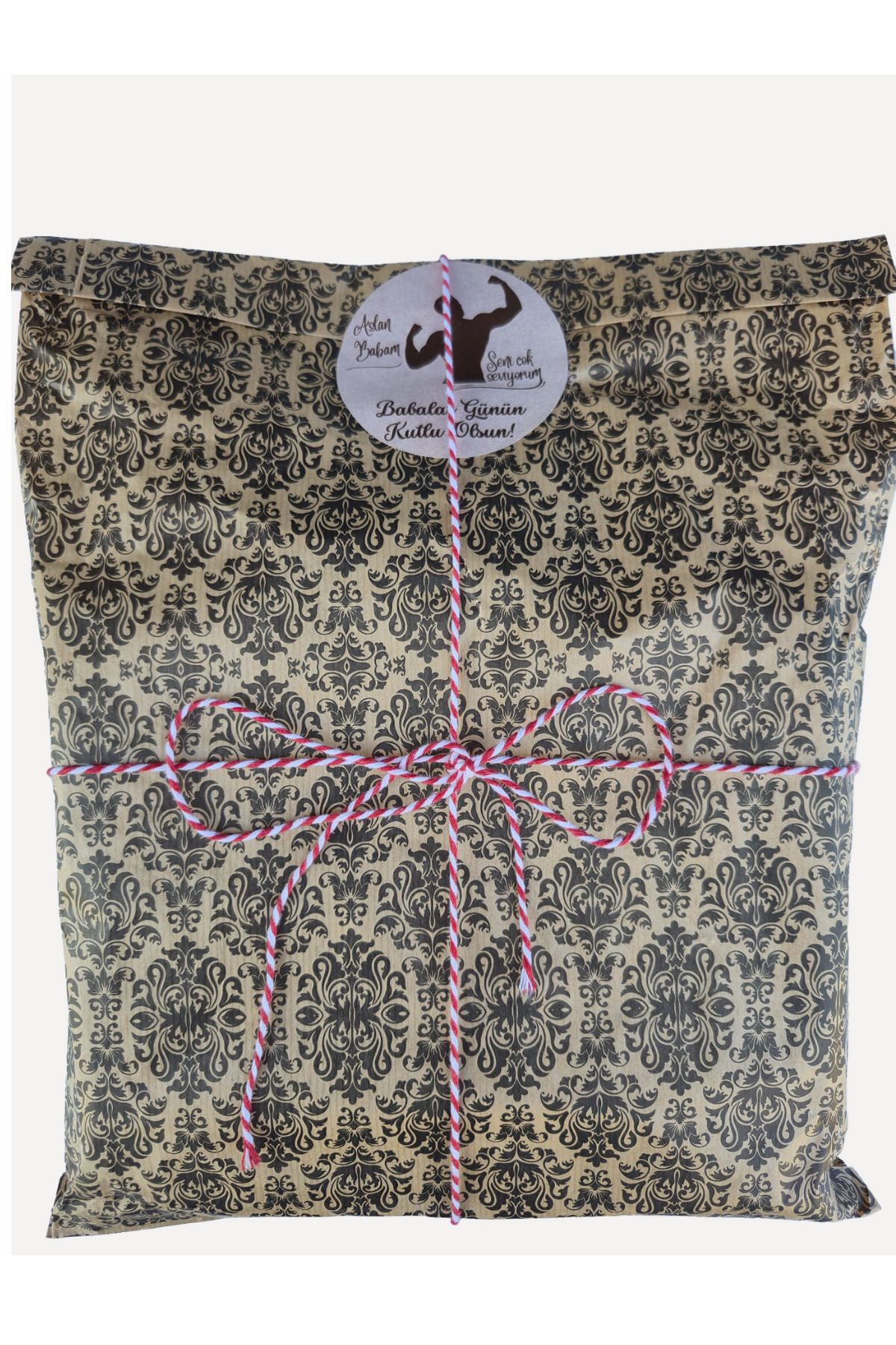 Dekals 1 Adet Büyük Boy 30x40 Babalar Günü Hediye Paketi Seti (DAMASK DESENLİ PAKET IP ETİKET-8CM)