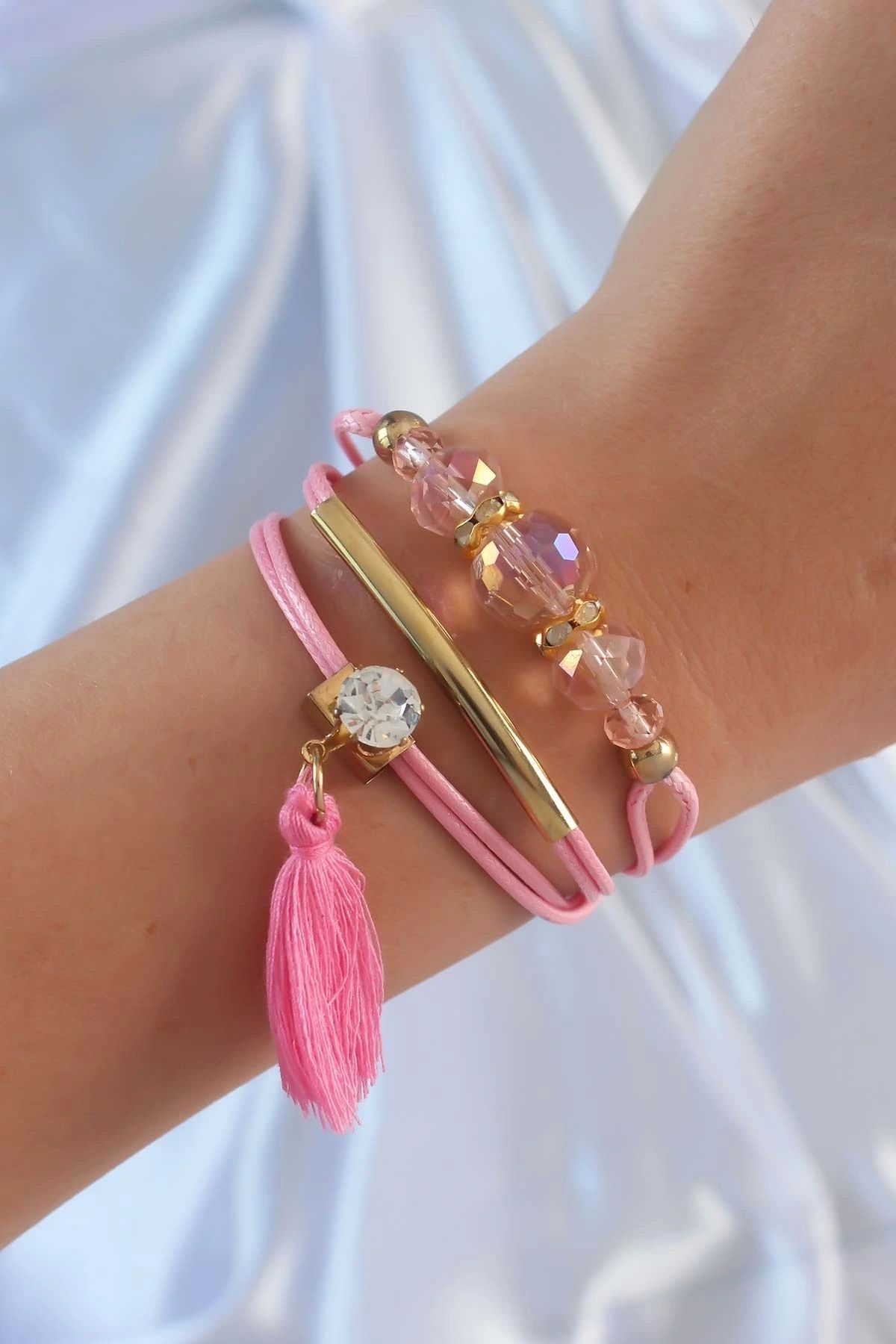 OurStyles Pembe Renk Zirkon Taşlı İpli Püskül Detay Çoklu Bileklik - TJ-BB6354