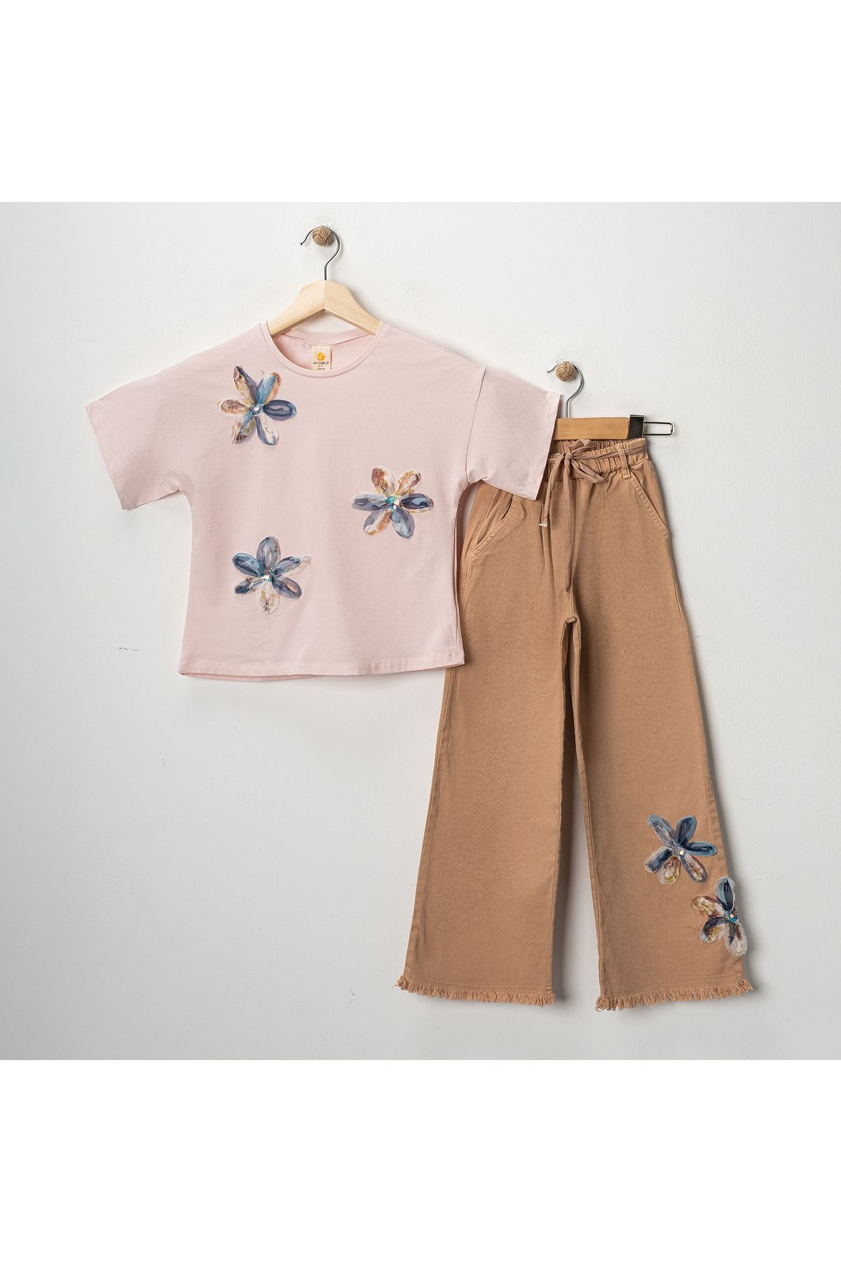 DFN Üç Boyutlu Güllü Geniş Paça Pantolon/Bluz Takım