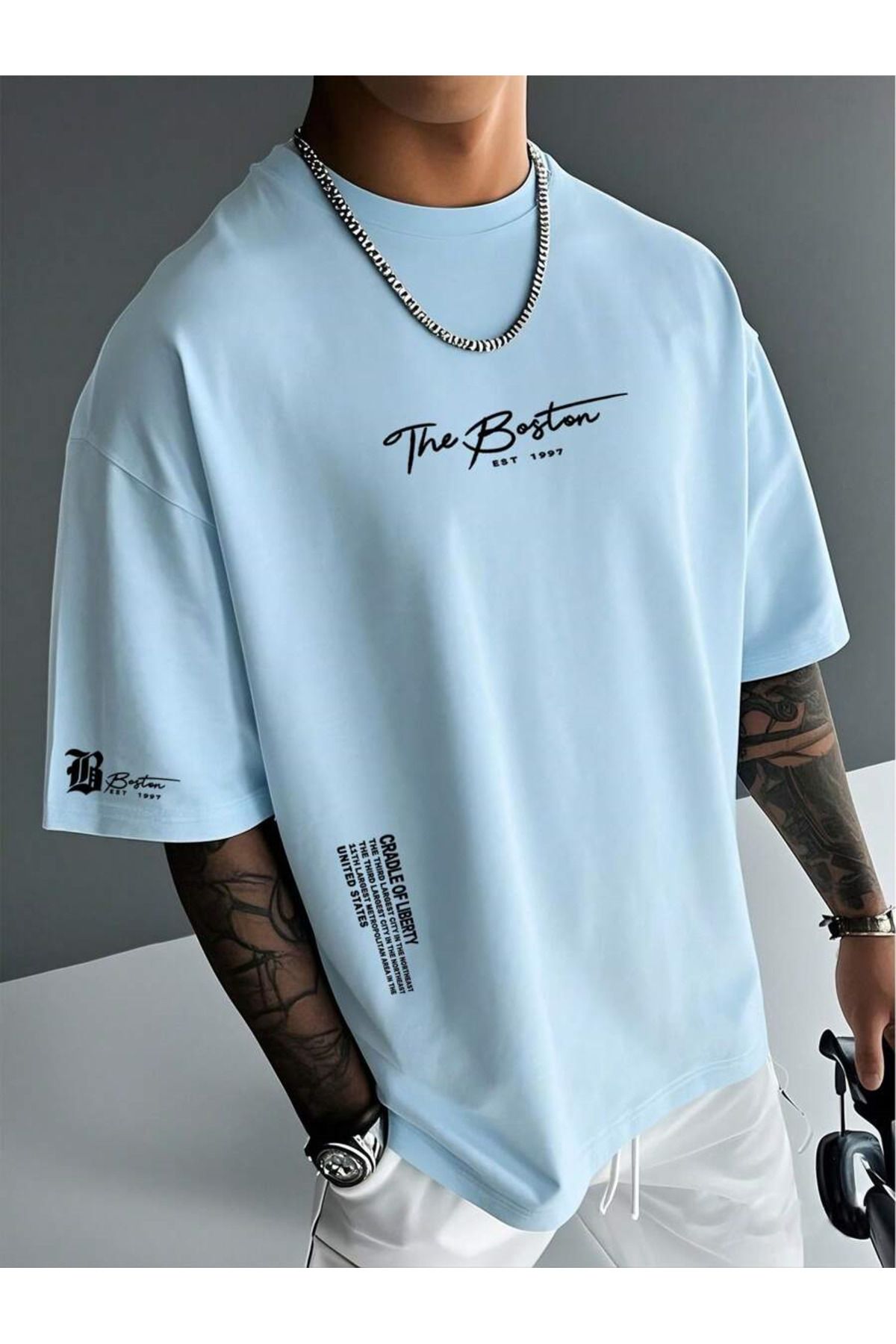 YUVEST Blackrock T-shirt - THE BOSTON Baskılı Oversize Bisiklet Yaka Kısa Kol Tişört