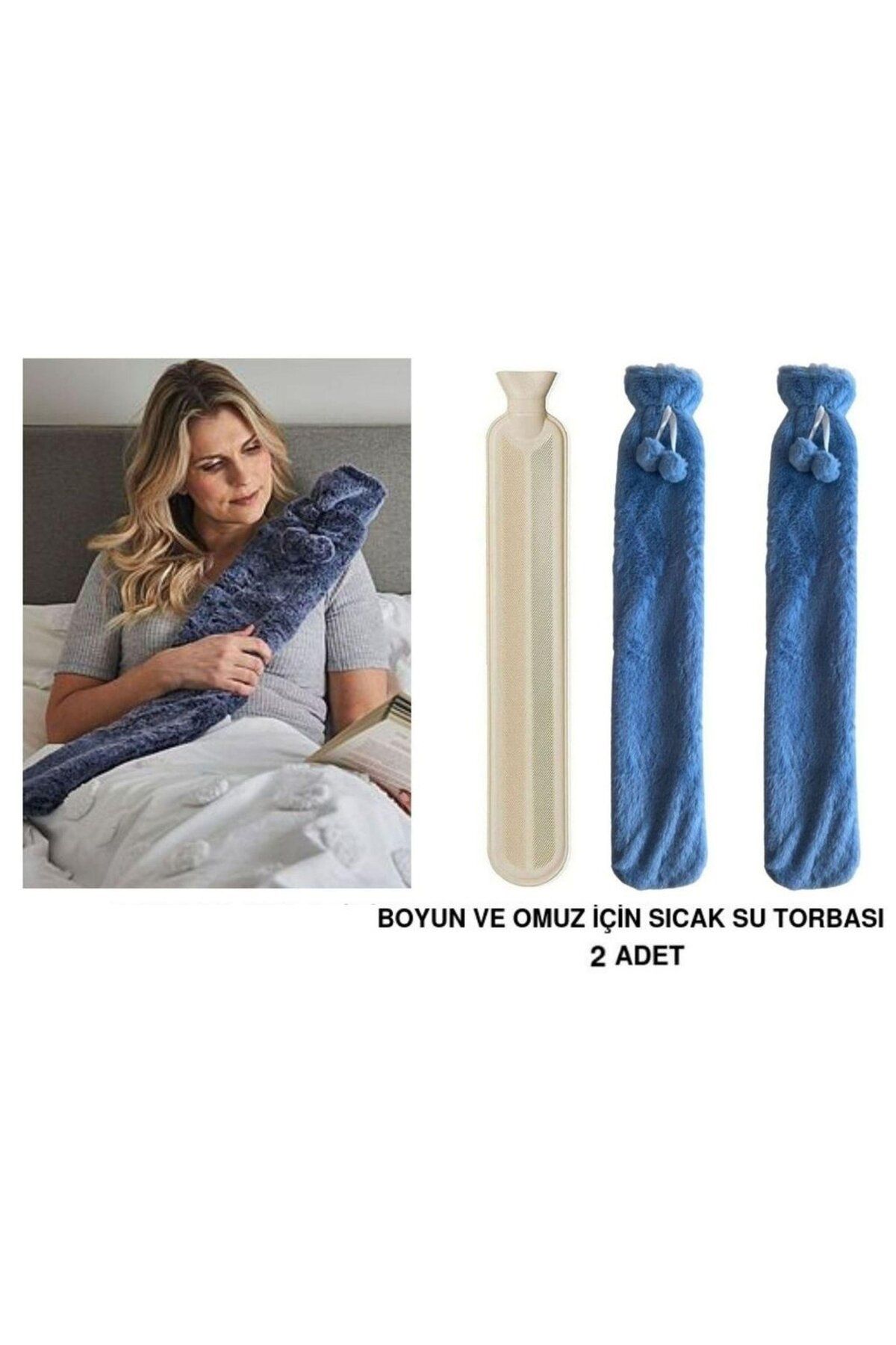 Bosphorus SICAK SU TORBASI 2 ADET,BOYUN VE OMUZ ICIN UZUN PELUŞ MAVİ PONPONLU 2LT TERMOFOR 75x13CM