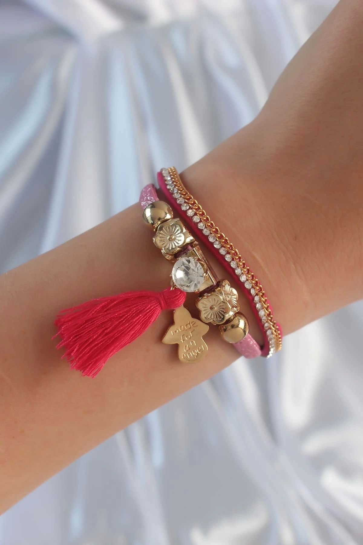 OurStyles Pembe Renk Zirkon Taşlı Püskül Detay Deri Çoklu Bileklik - TJ-BB6343