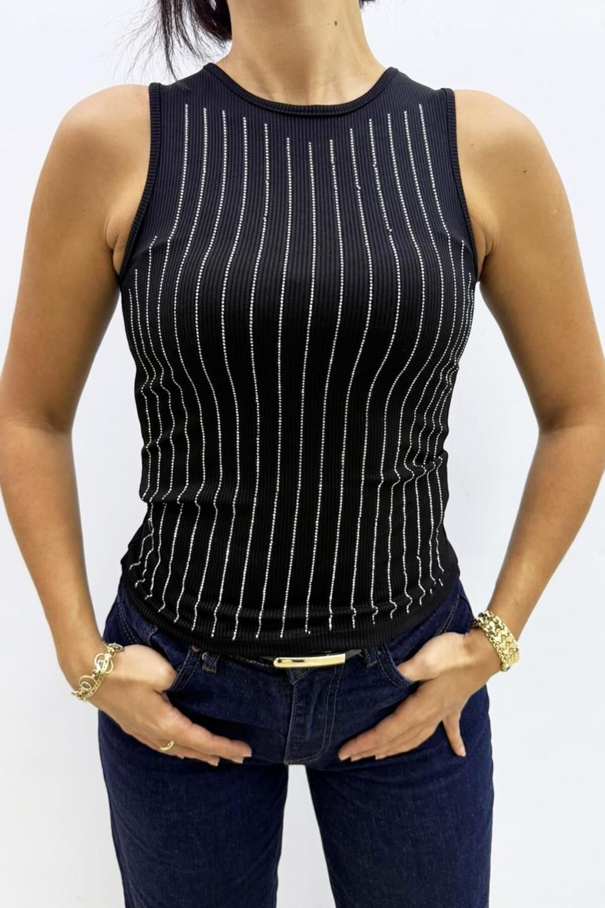 Flame İstanbul Butik Taşlı Kaşkorse Siyah Body - MGN4815