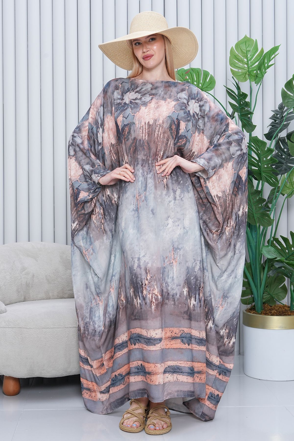 EMY TEKSTİL Kadın Desenli Oversize Uzun Viskon Elbise Gri