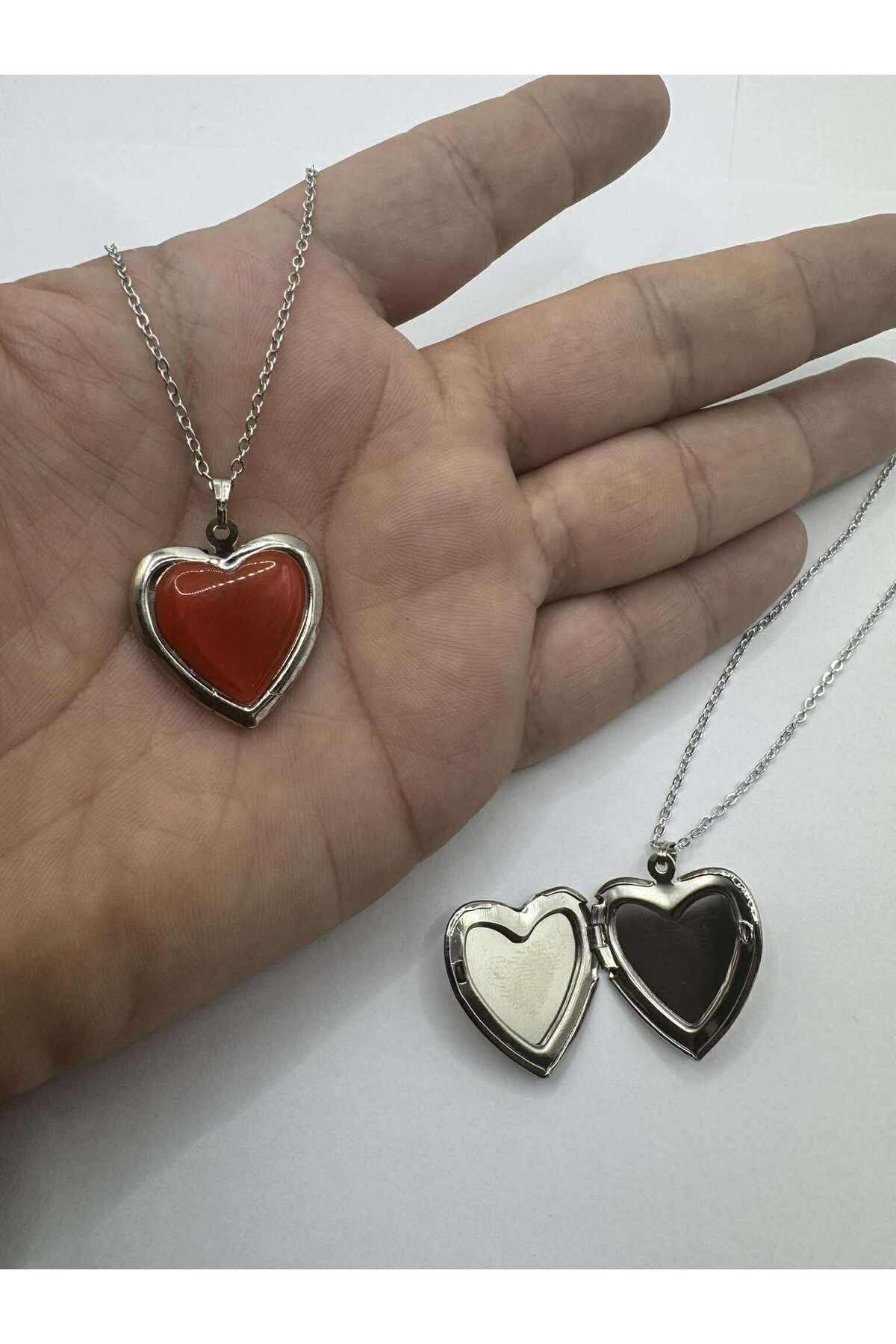 Herşey Nota Kahverengi Açılabilir Kapaklı Kalp Kolye Resim Eklenebilir 55 cm Zincirli Metal Resimlik Kolye