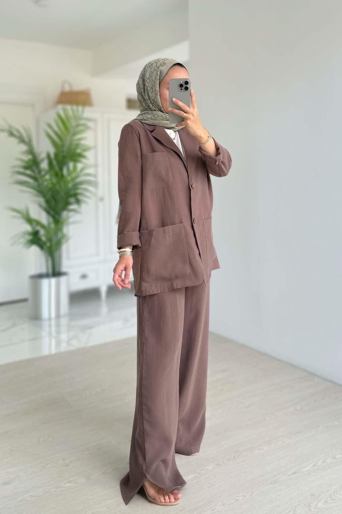 Ka Hijab Vatkalı Ceket Takım - Kahverengi