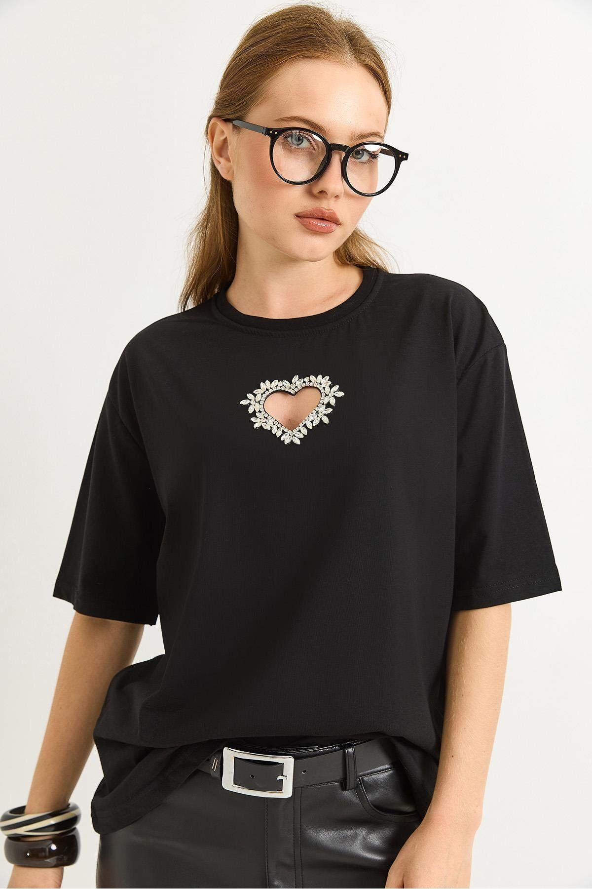 Raneel Kazançlı Alışveriş Kalp Detaylı Oversize Kadın Tshirt Siyah