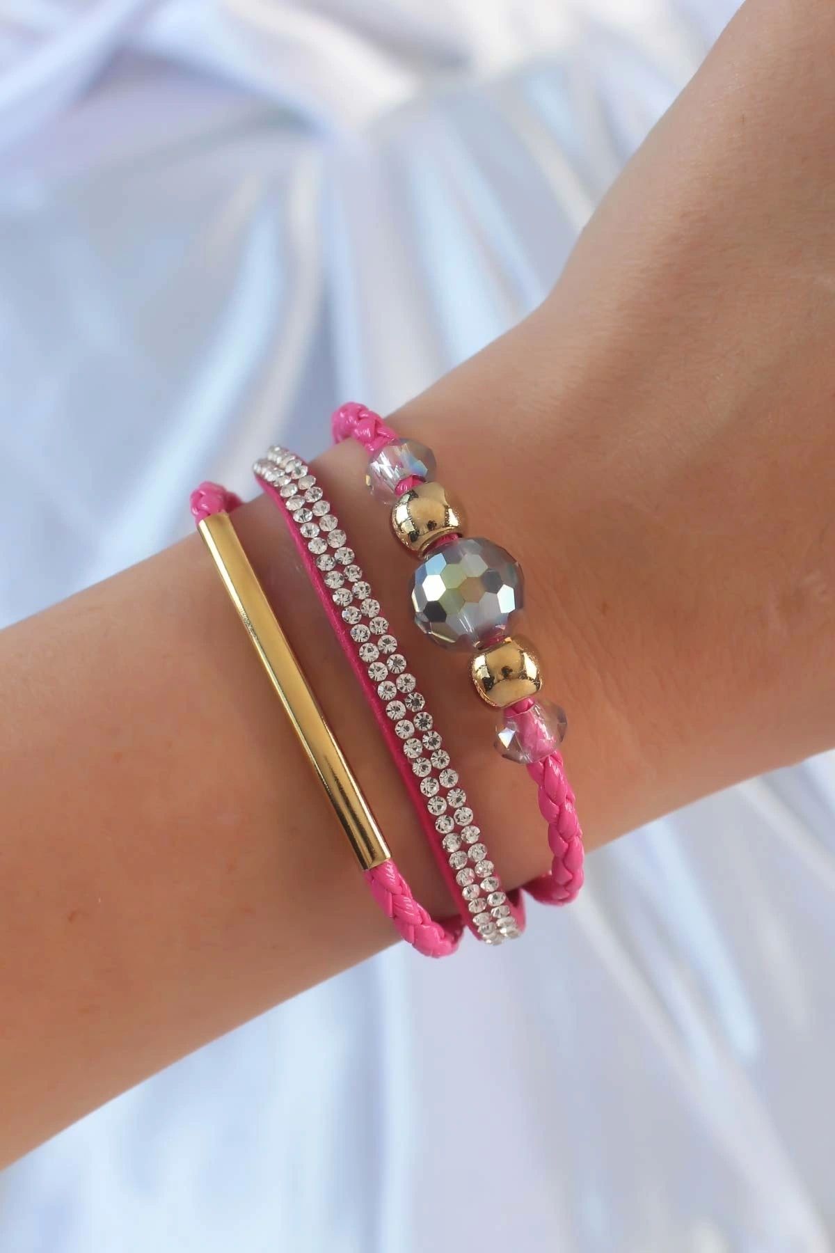 OurStyles Pembe Renk Zirkon Taşlı Deri Çoklu Bileklik - TJ-BB6352