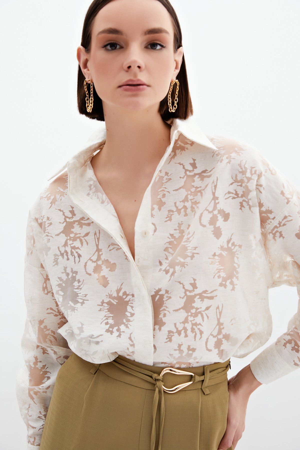 Sateen-Self Patterned Casual Shirt - Cream 5