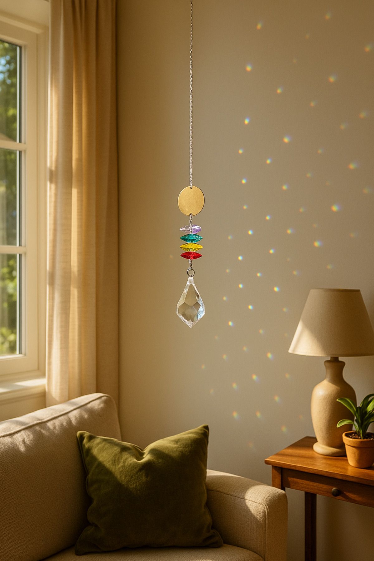 STORKİST Yedi Çakra Kristalli Güneş Işığı Kristali – Enerji Dengeleyici Dekoratif Sarkaç (35 cm)