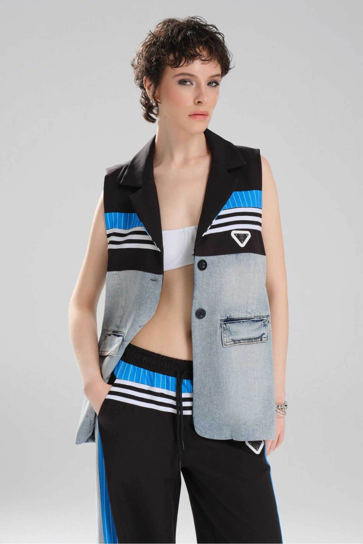 tw3 Kadın Şerit Detaylı ve Denim Garnili Tasarım Oversize Yelek