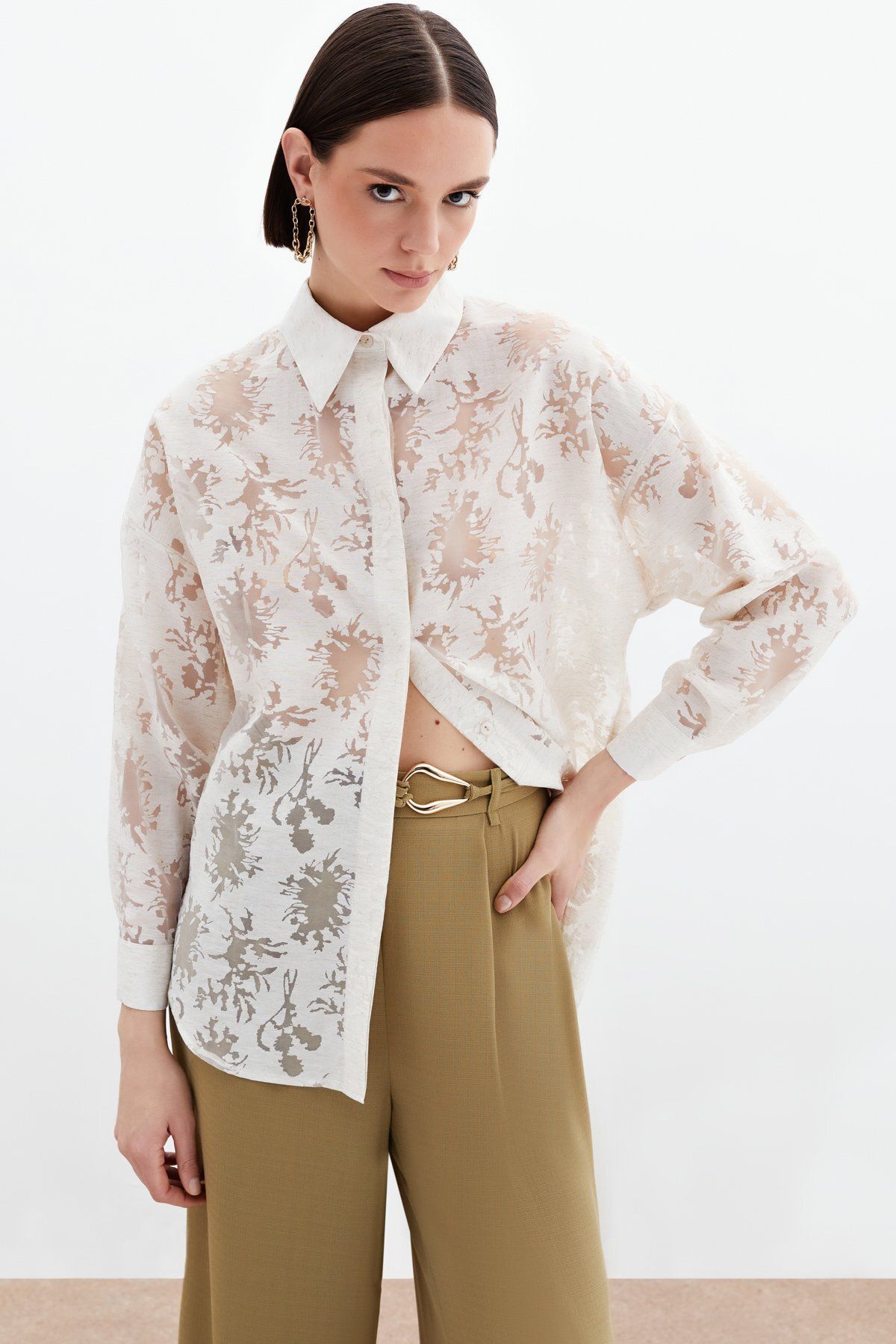 Sateen-Self Patterned Casual Shirt - Cream 3