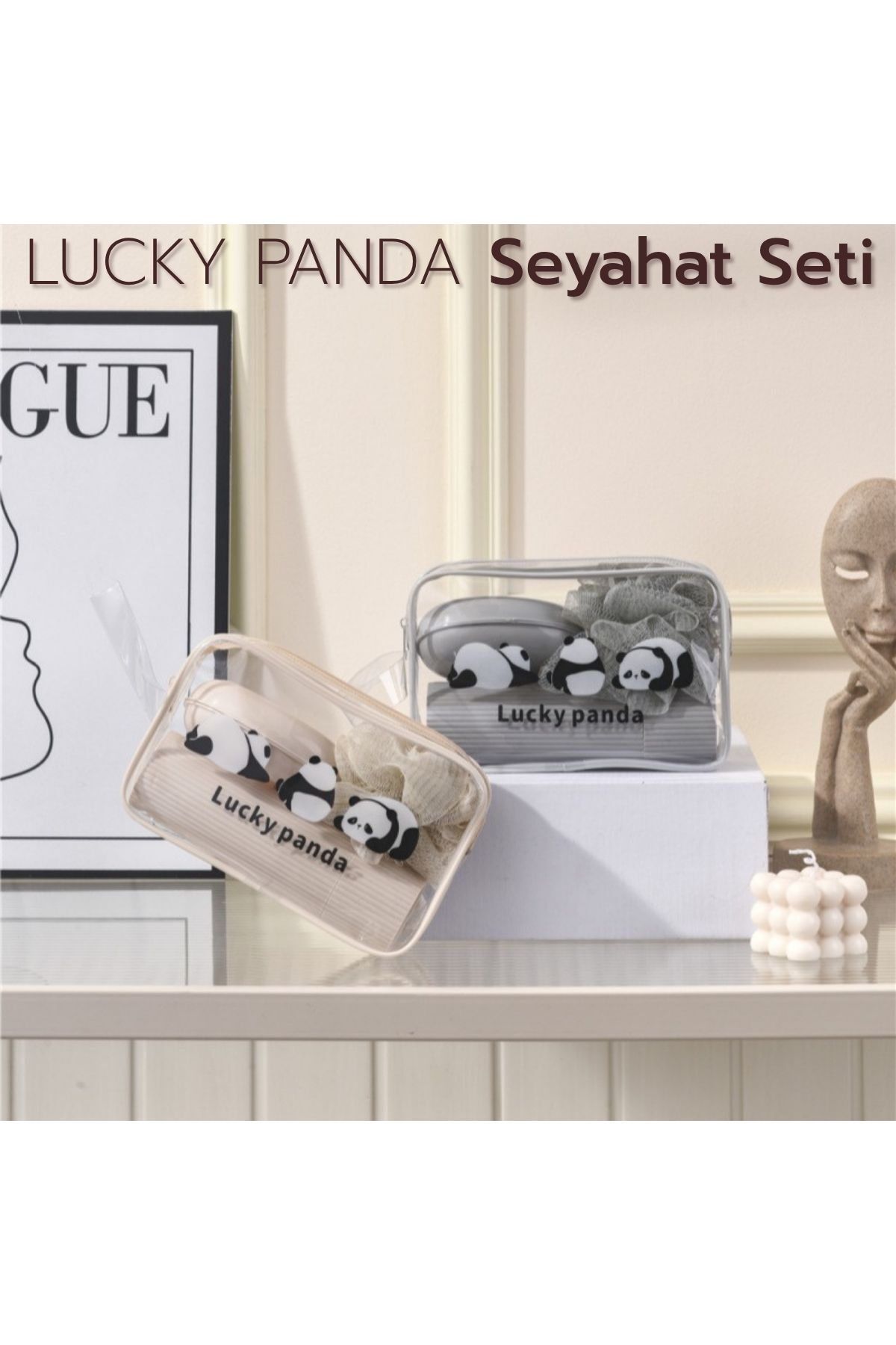 ARVALE LUCKY PANDA Seyahat Seti | Şeffaf Organizer Çanta ile Duş Lifi, Sabunluk, Tarak
