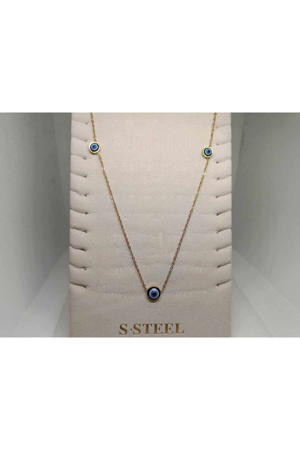 Store 316l Nazar Boncuk Detaylı Paslanmaz Çelik Gold Kolye