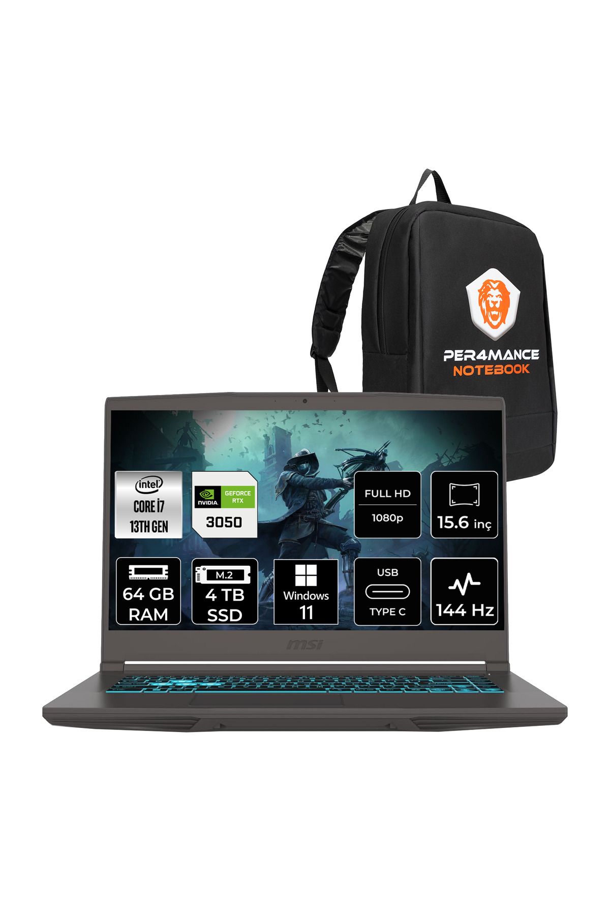 MSI Thin 15 i7 13620H 64GB 4TB SSD RTX3050/4GB 15.6" FHD 144HZ W11H Gaming Laptop & PER4 ÇANTA