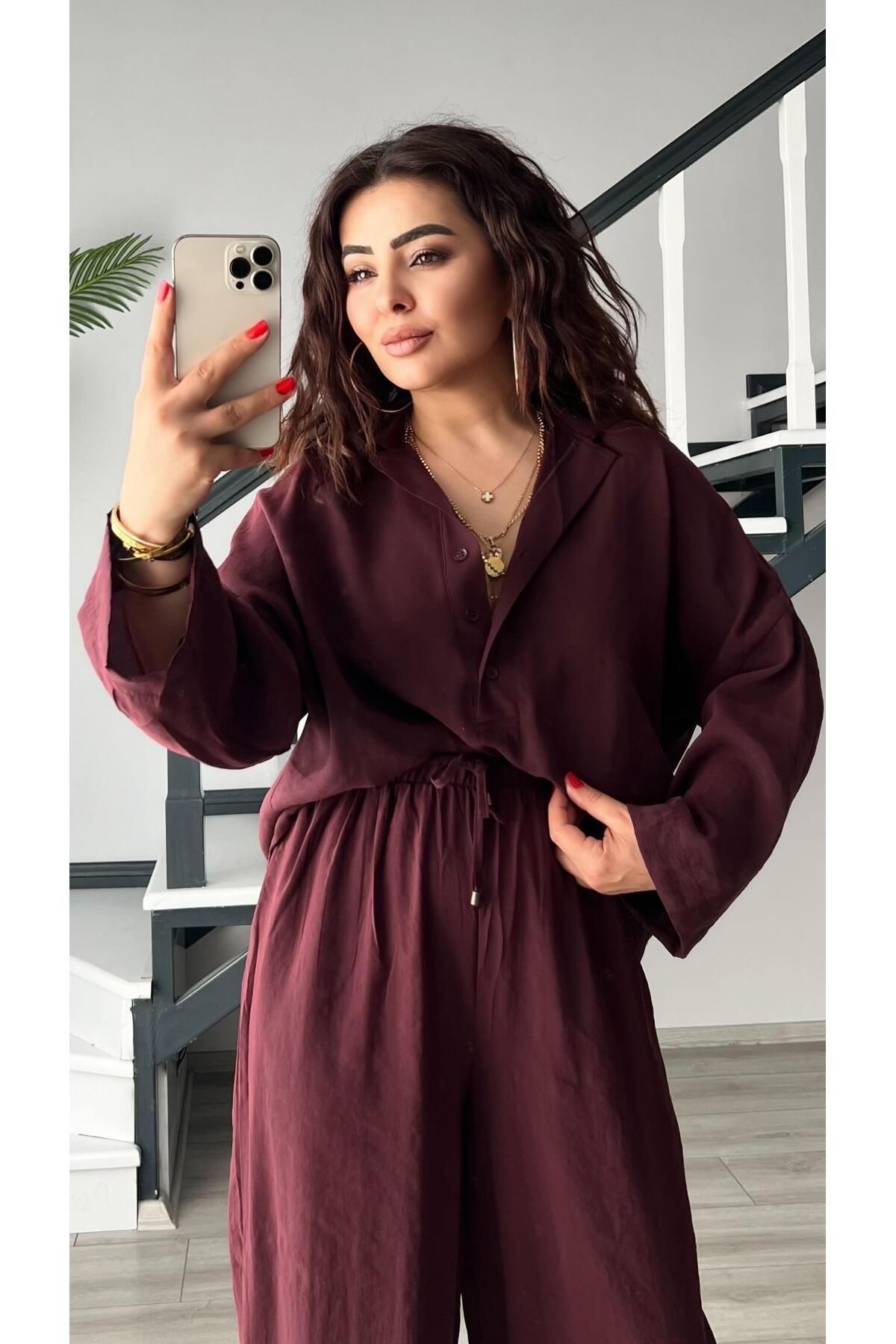 Oslove Mürdüm Tnsel Gömlek Yaka Bluz