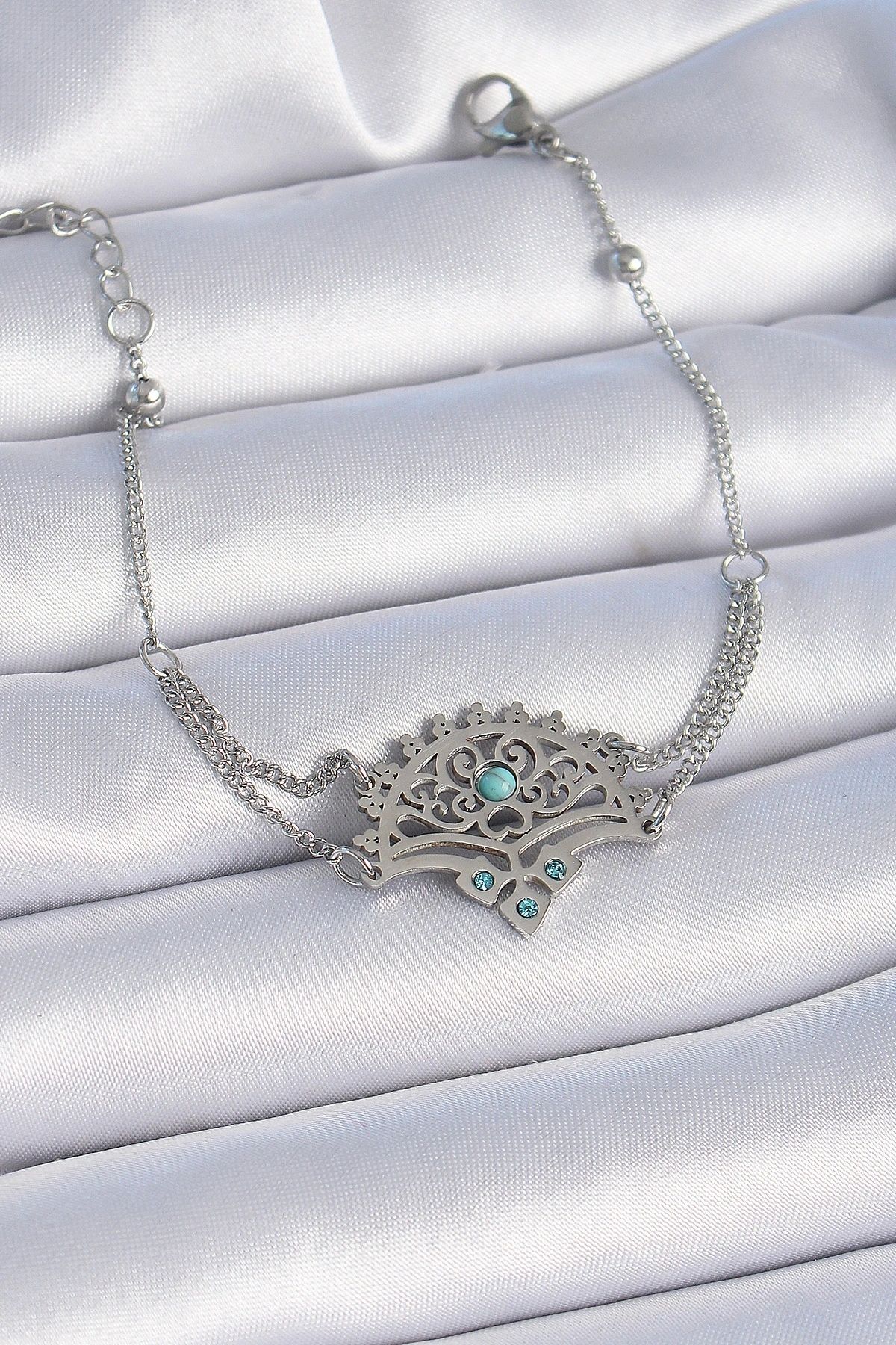 OurStyles 316L Çelik Gümüş Renk Mavi Taşlı Etnik Desen Kadın Bileklik - TJ-BB6436